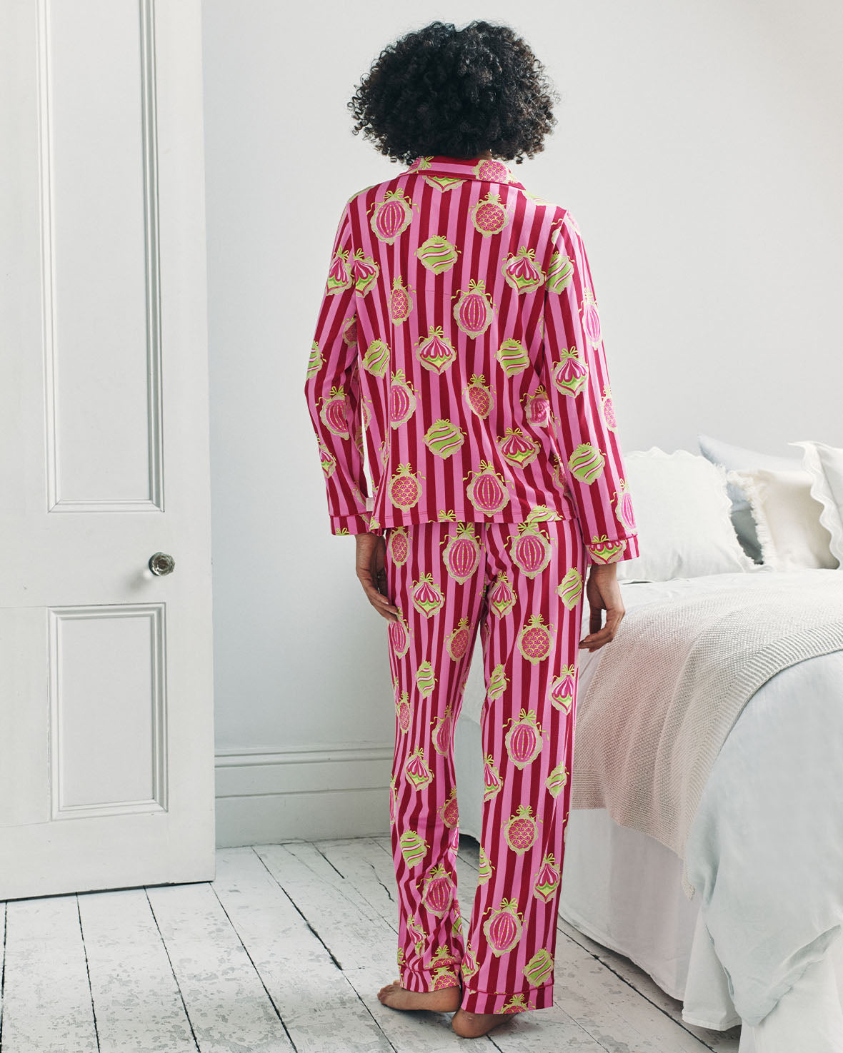 Christmas Baubles Stripe Print Long Pyjama Set