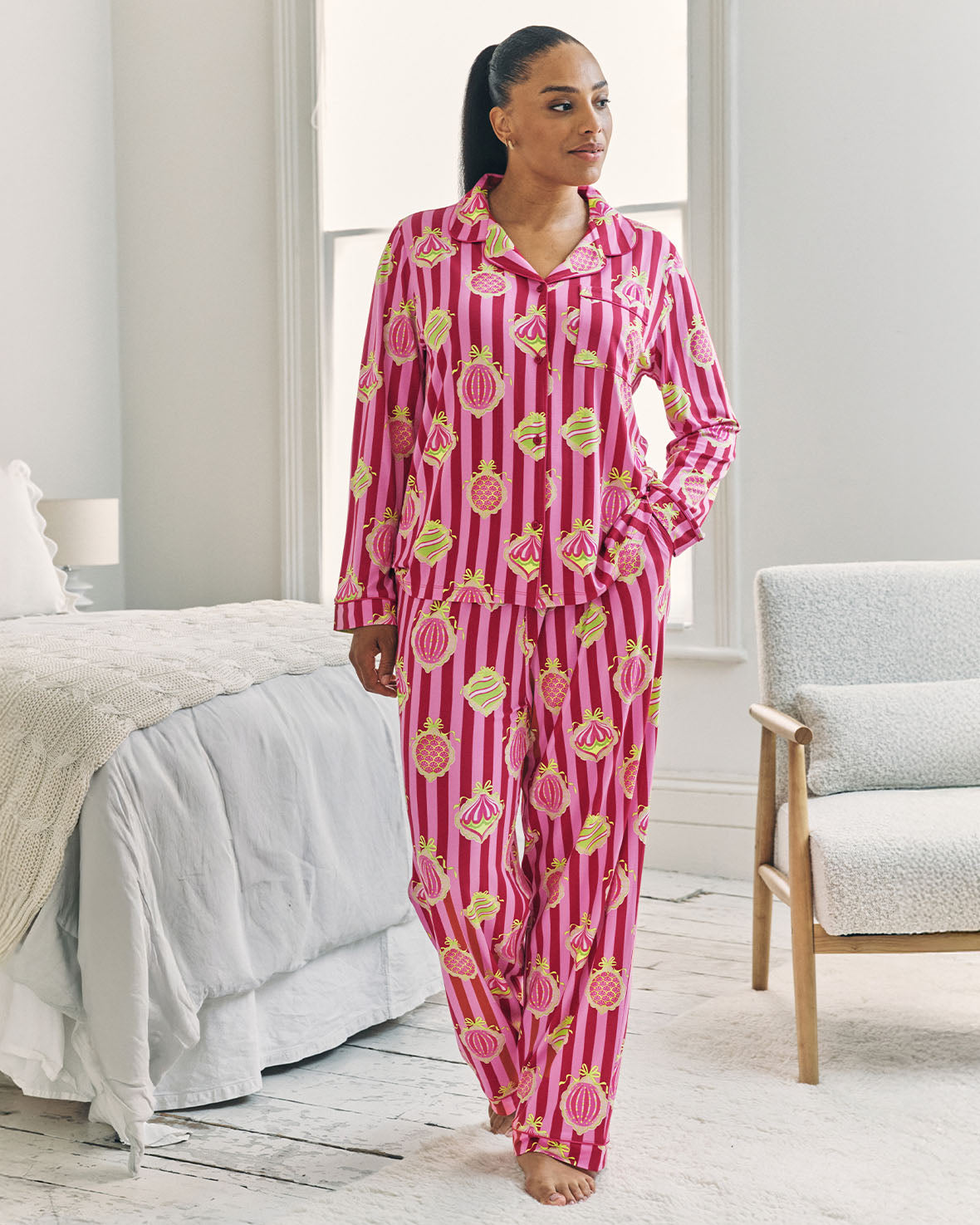Christmas Baubles Stripe Print Long Pyjama Set