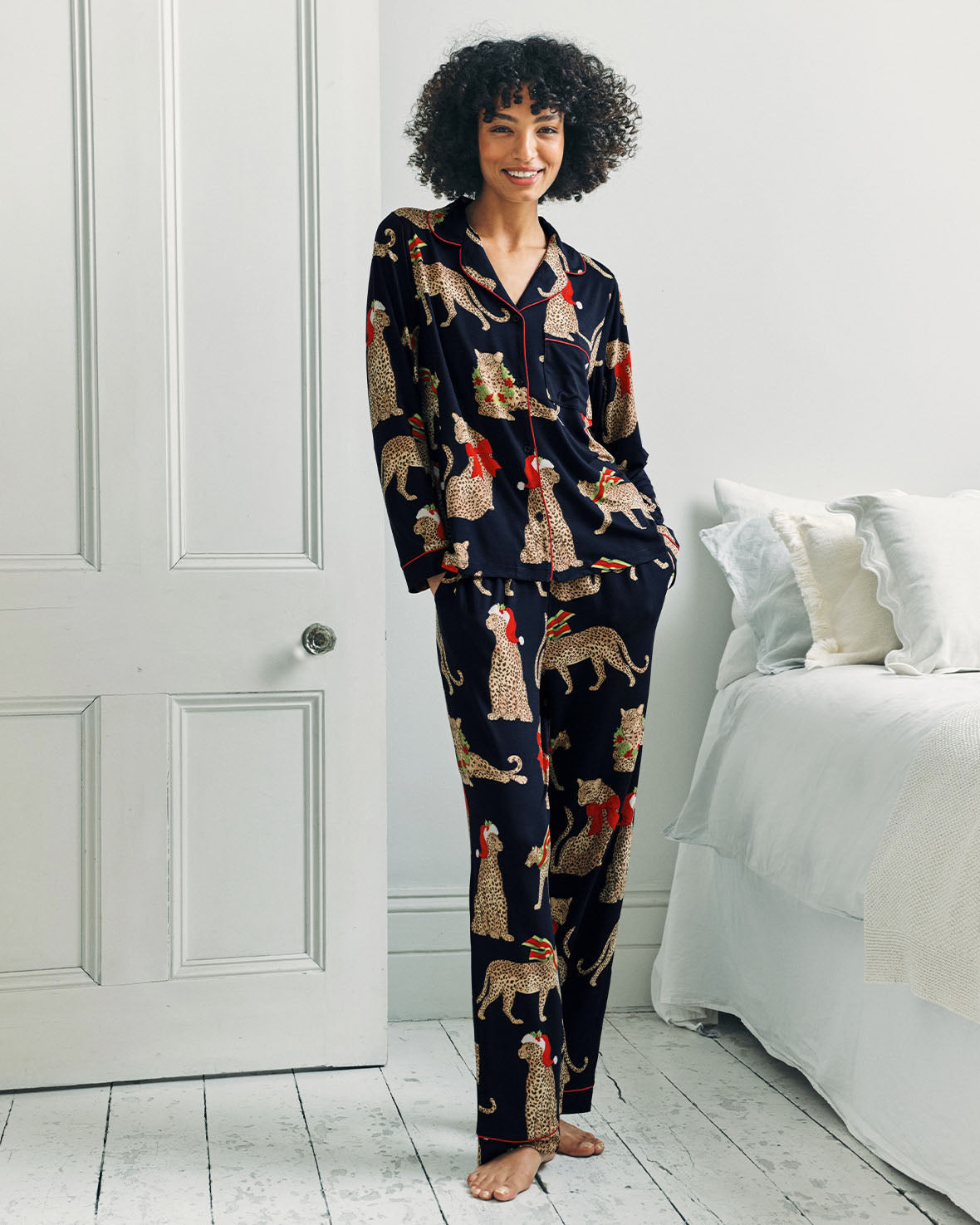 Petite Christmas Leopard Print Long Pyjama Set