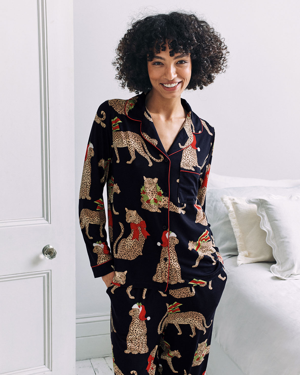 Christmas Leopard Print Long Pyjama Set