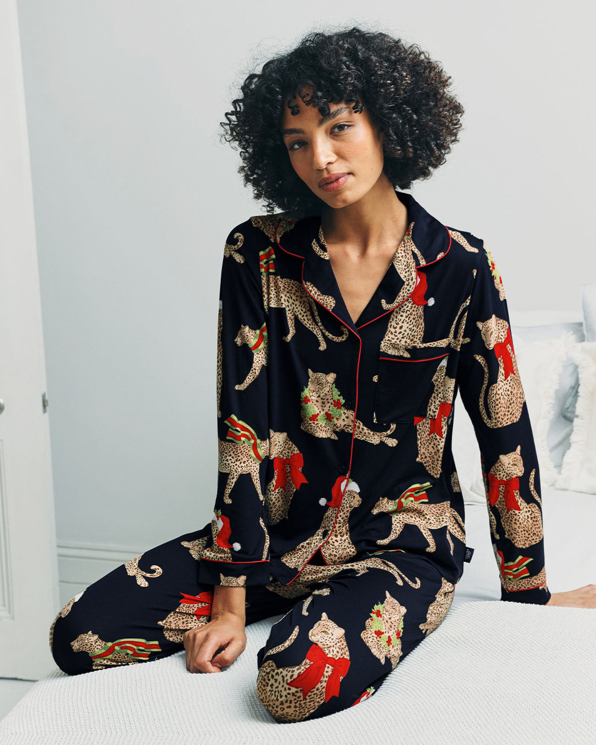 Petite Christmas Leopard Print Long Pyjama Set