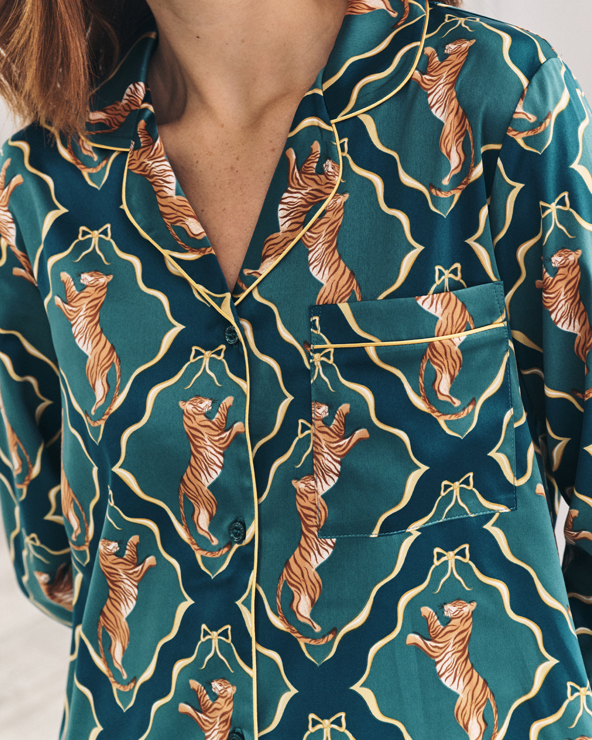 Satin Gilded Tiger Print Long Pyjama Set