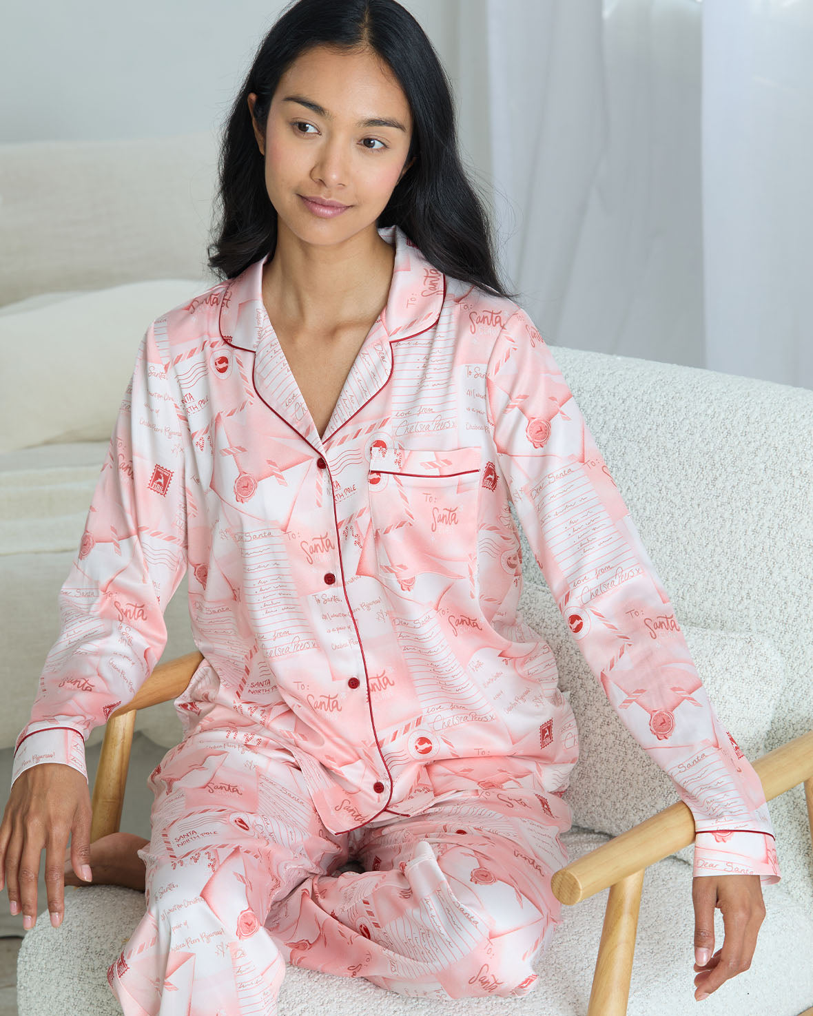 Satin Christmas Letter to Santa Print Long Pyjama Set