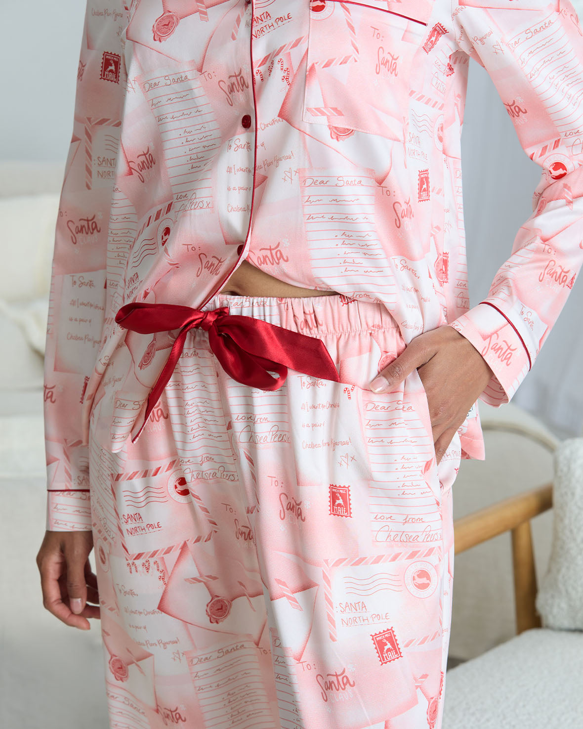 Satin Christmas Letter to Santa Print Long Pyjama Set