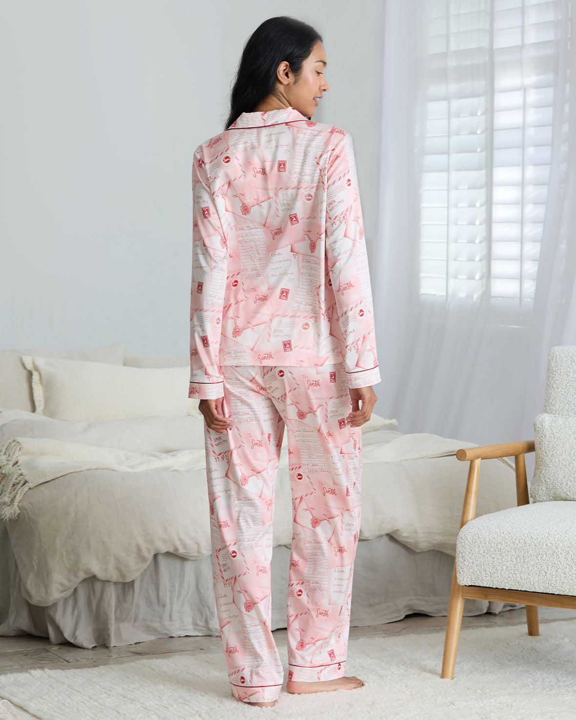 Satin Christmas Letter to Santa Print Long Pyjama Set