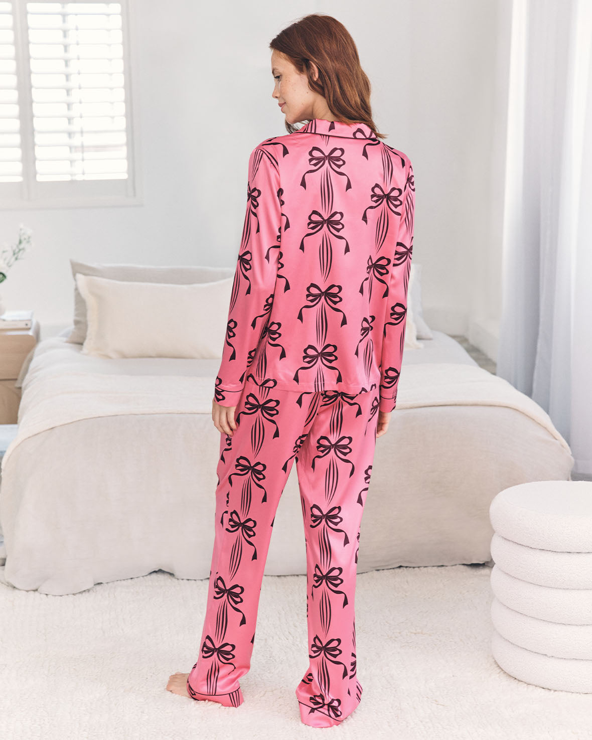 Satin Bow Print Long Pyjama Set
