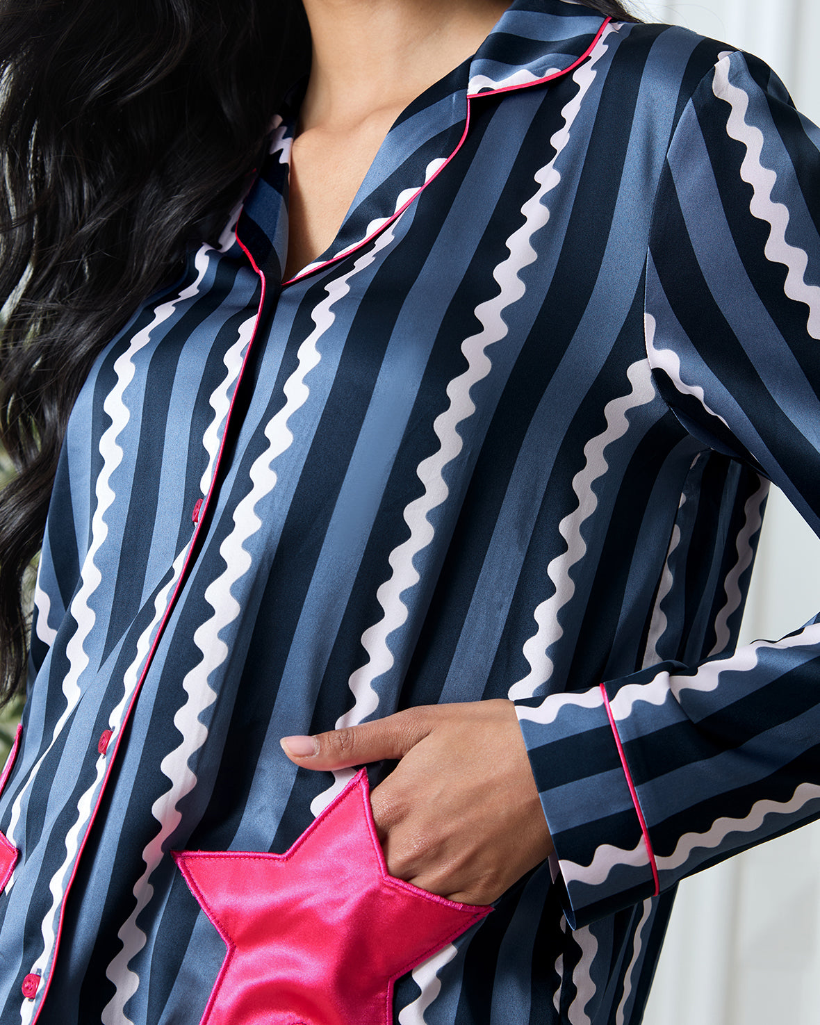 Satin Star Pocket Striped Long Pyjama Set