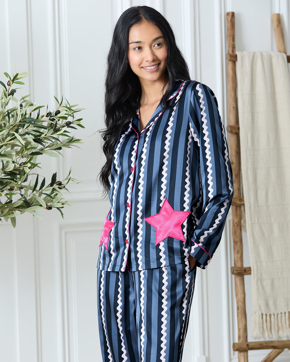 Satin Star Pocket Striped Long Pyjama Set
