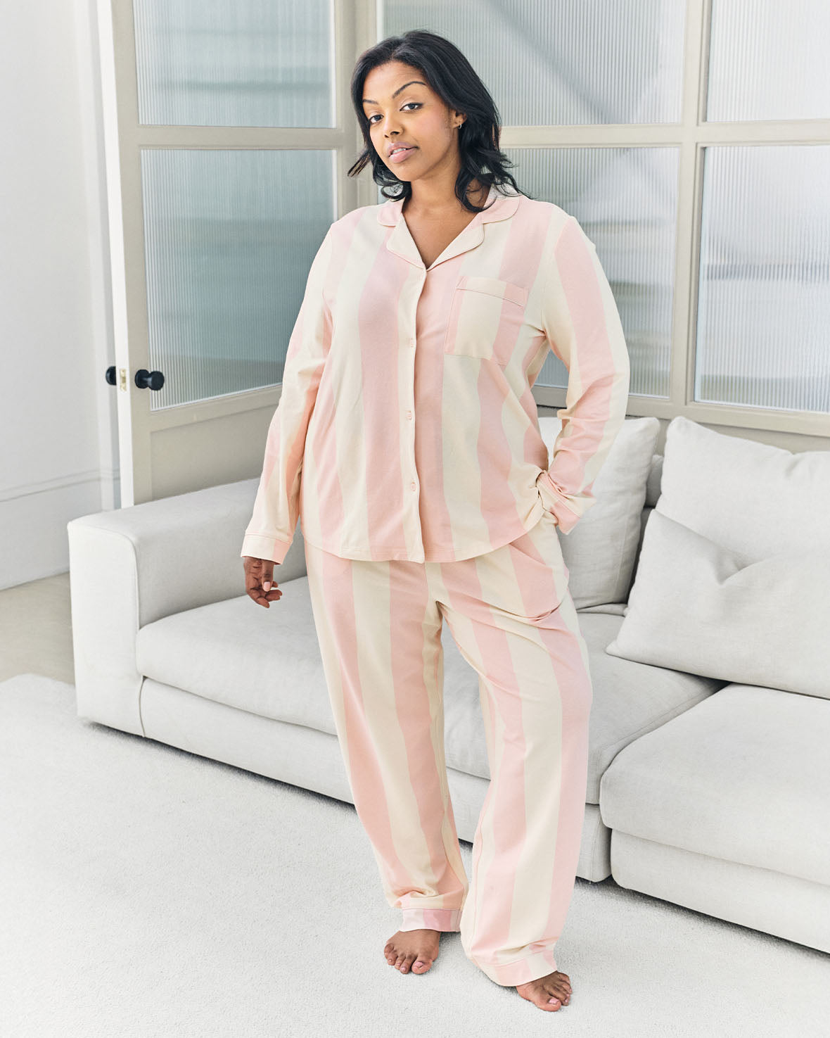 Organic Cotton Stripe Long Pyjama Set - Dusky Pink