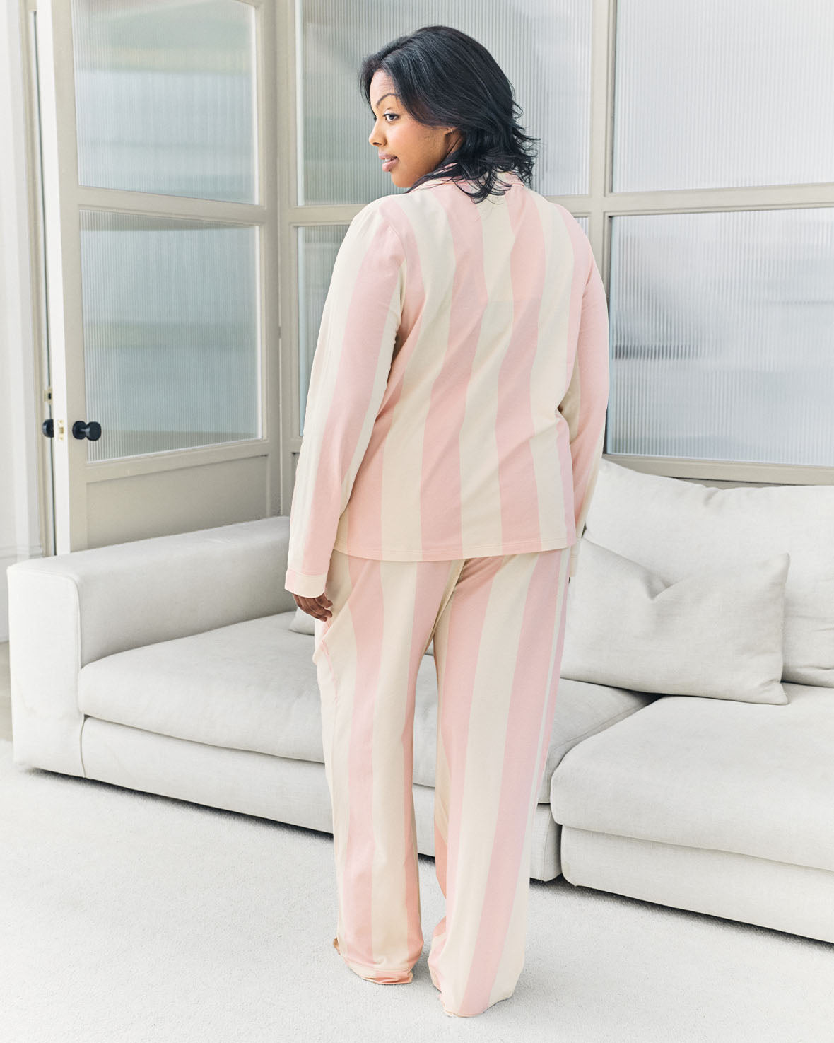 Organic Cotton Stripe Long Pyjama Set - Dusky Pink