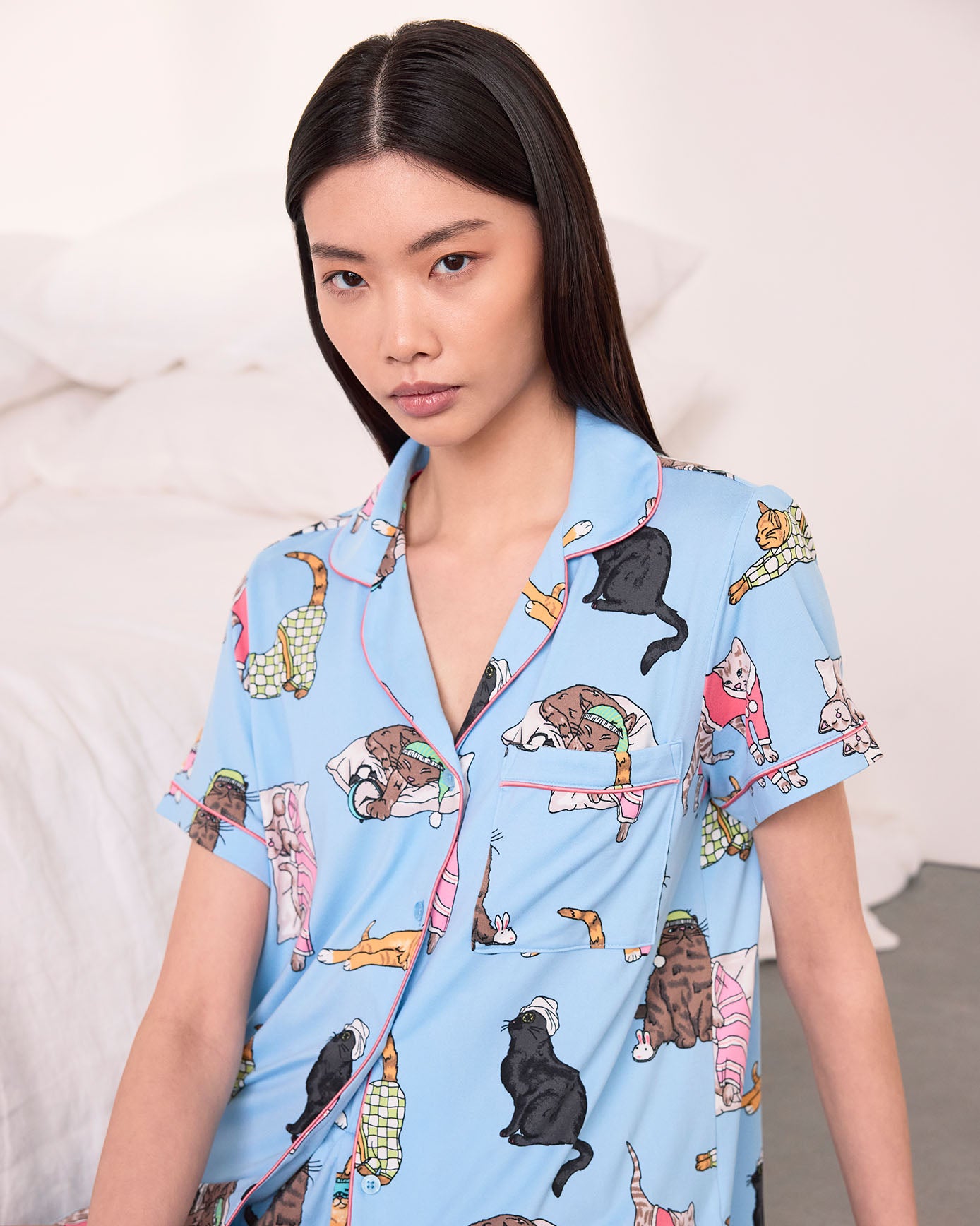 Sleepy Cats Print Button-Up Short Pyjama Set
