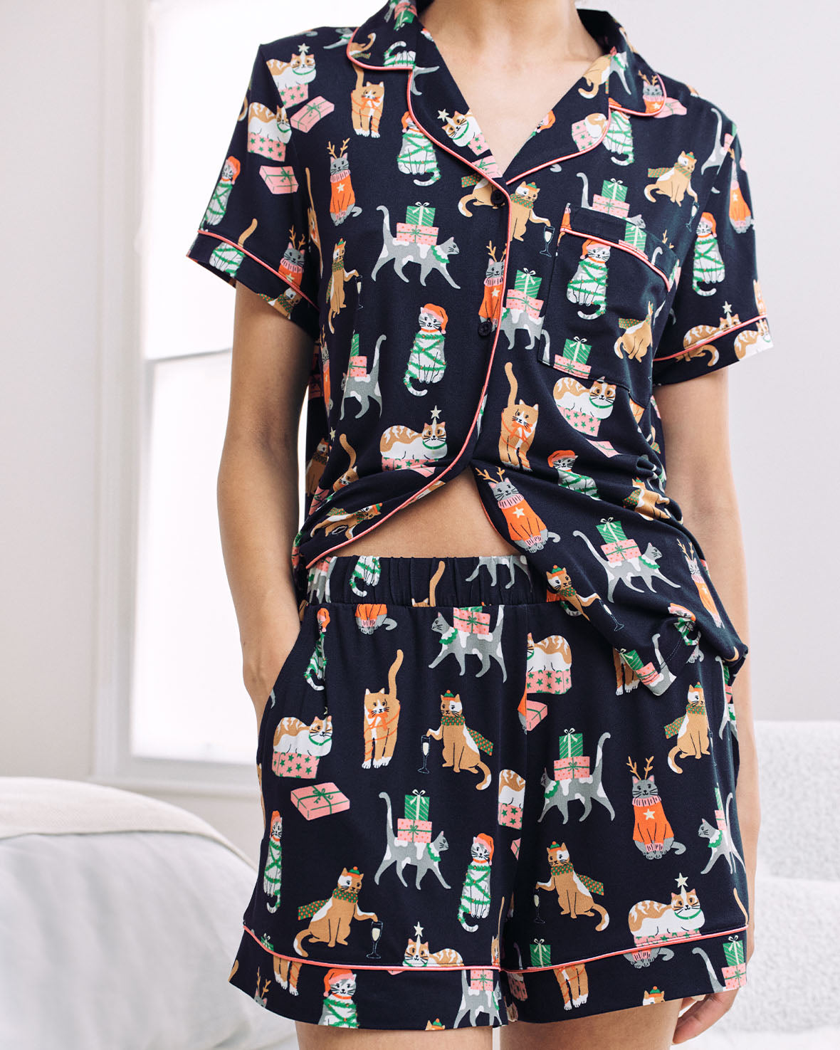 Christmas Cats Print Short Pyjama Set