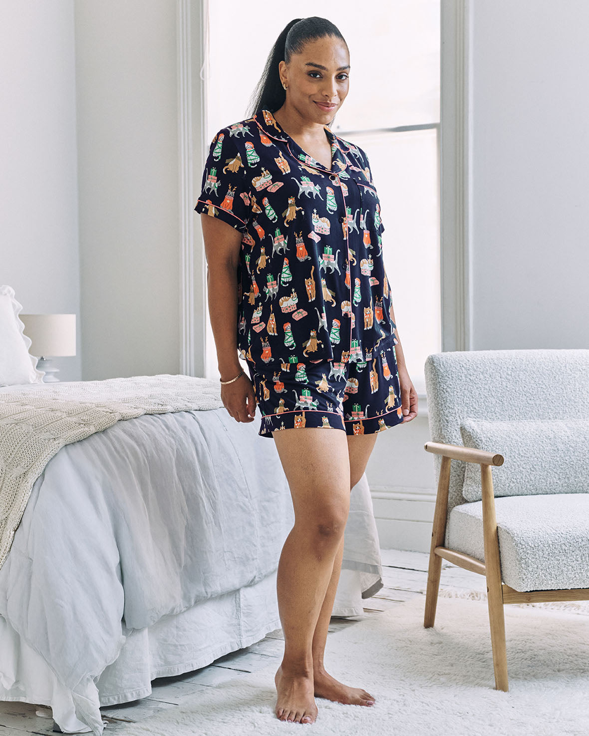 Christmas Cats Print Short Pyjama Set