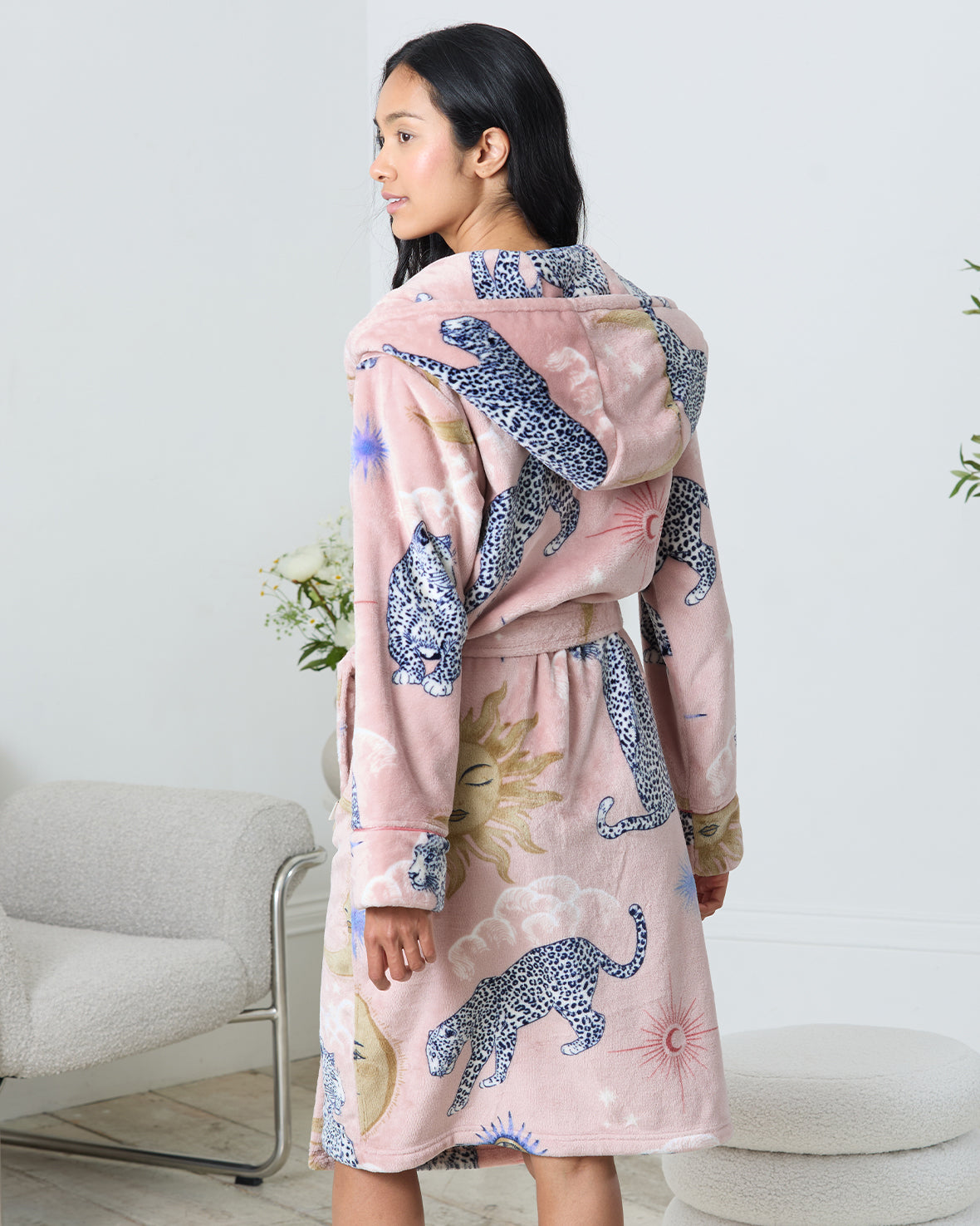 Chelsea Peers Celestial Leopard Fleece Dressing Gown, Pink Chelsea Peers Celestial Leopard Fleece Dressing Gown, Pink