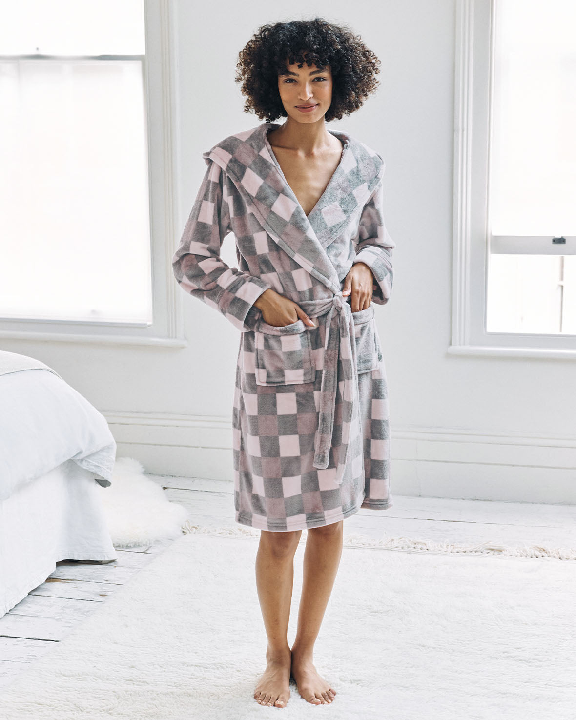 Fleece Check Hooded Dressing Gown