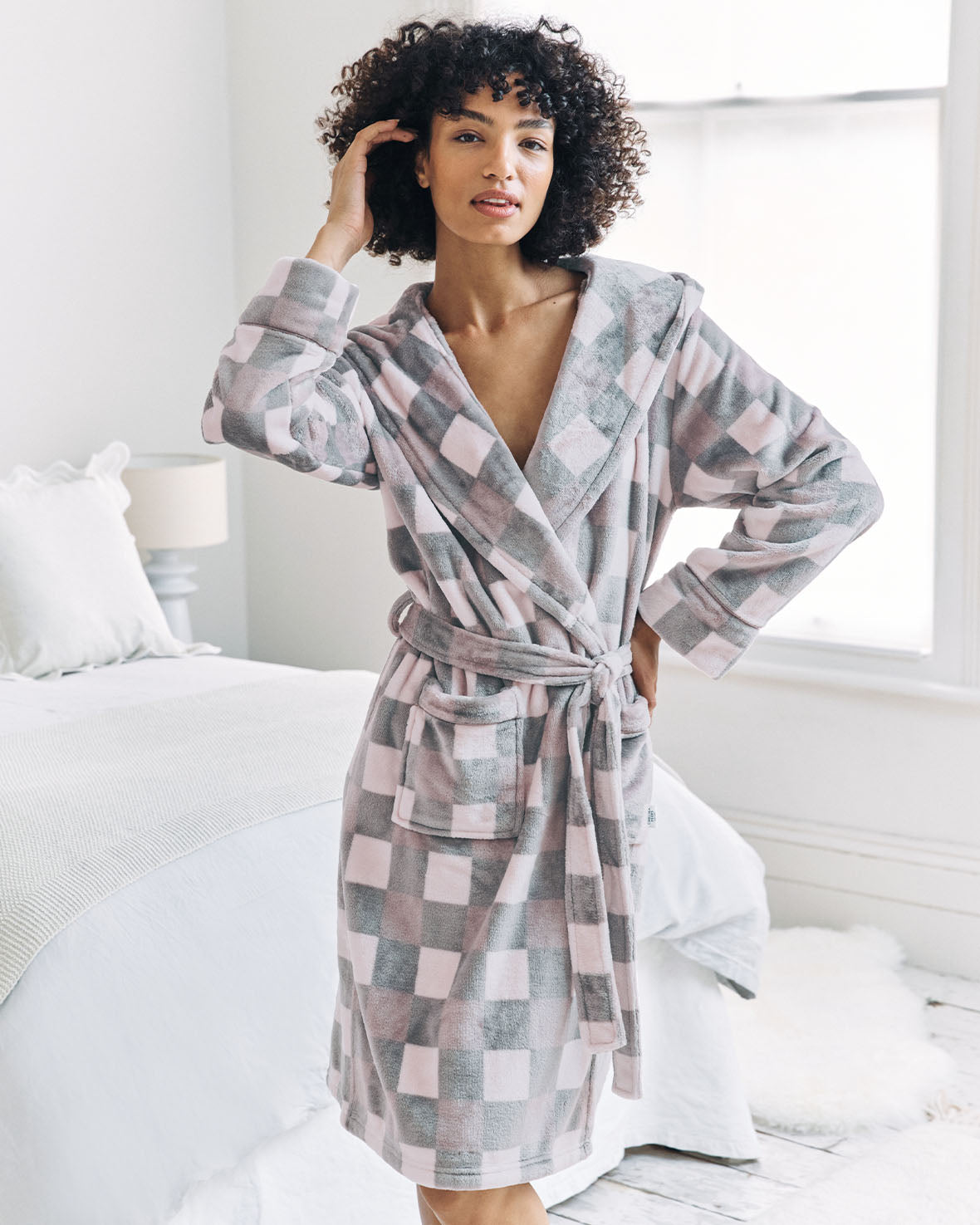 Fleece Check Hooded Dressing Gown