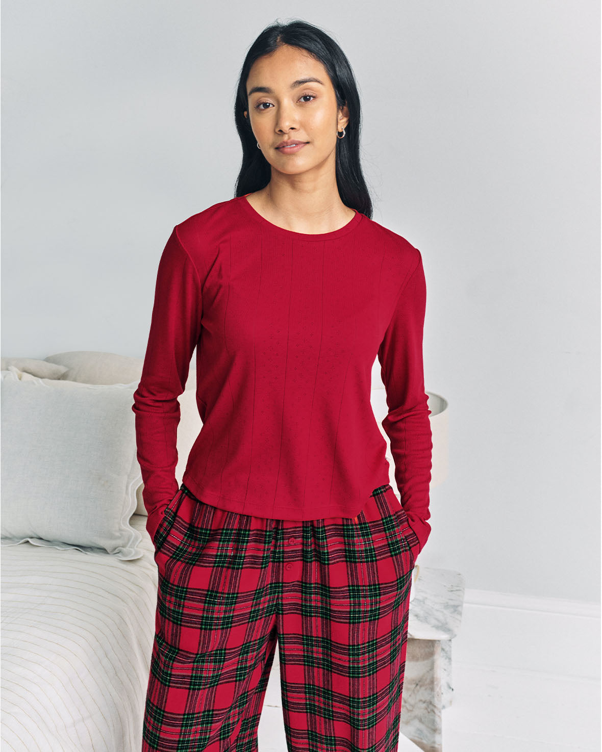 Pointelle & Organic Cotton Tartan Check Henley Long Pyjama Set