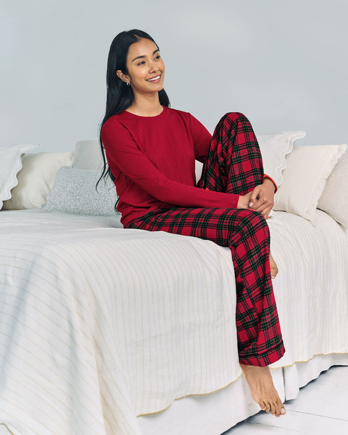 Pointelle & Organic Cotton Tartan Check Henley Long Pyjama Set