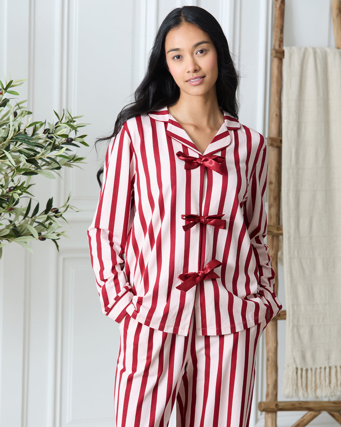Organic Cotton Stripe Tie Front Long Pyjama Set