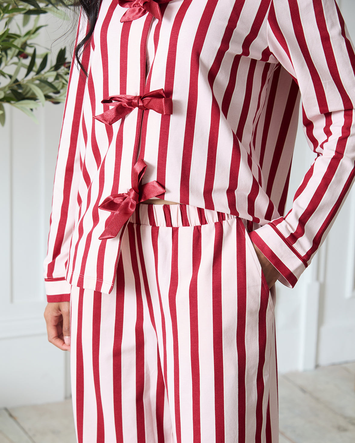 Organic Cotton Stripe Tie Front Long Pyjama Set