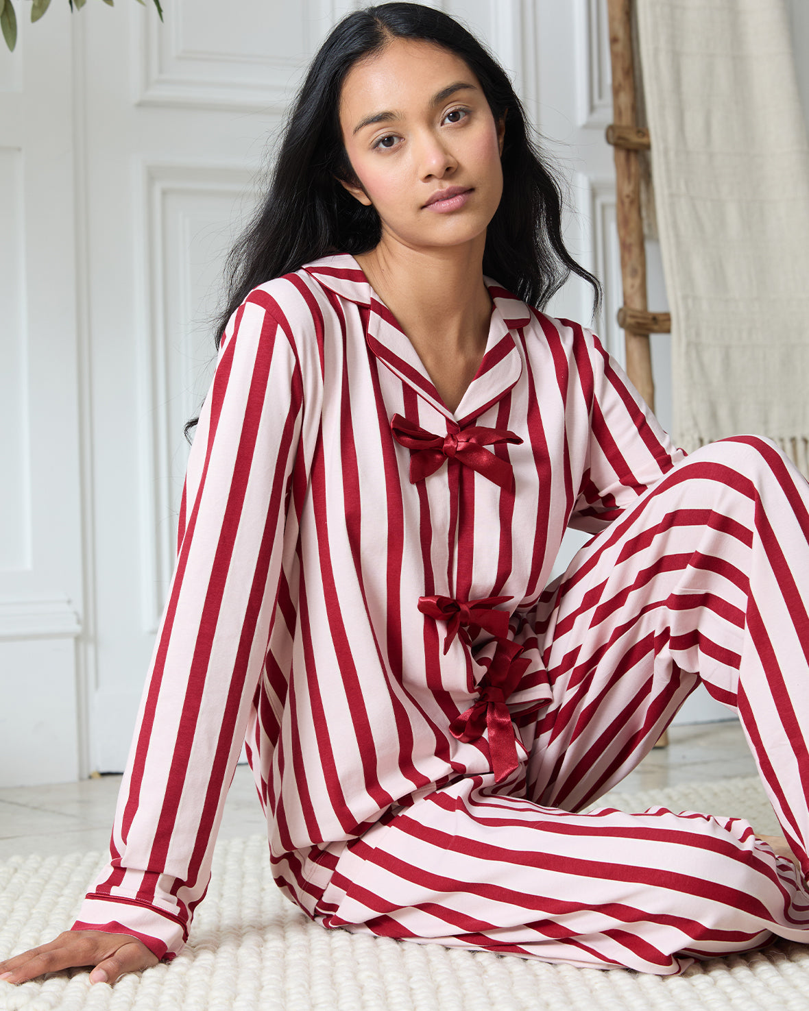 Organic Cotton Stripe Tie Front Long Pyjama Set