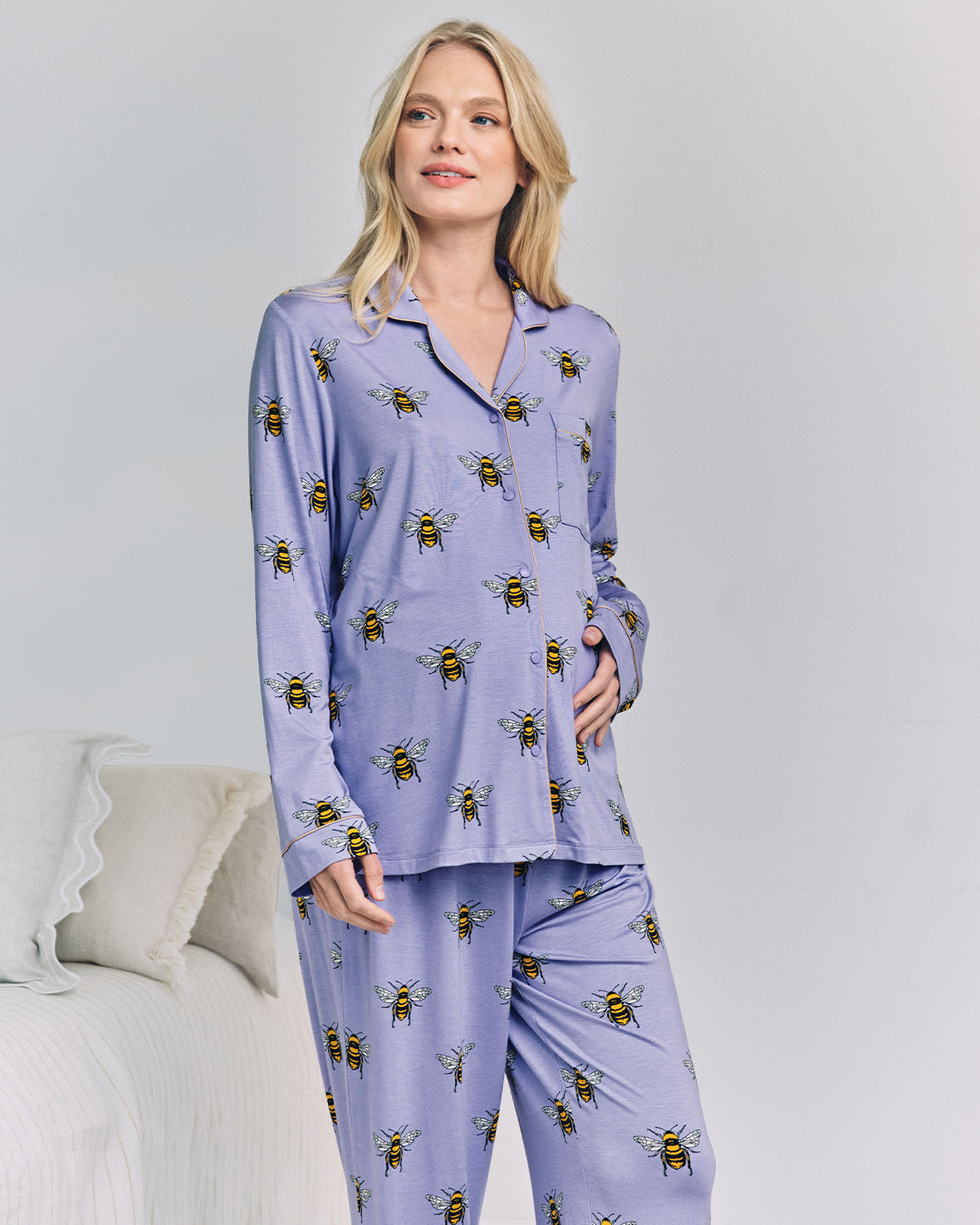 Maternity TENCEL™ Modal Bee Print Long Pyjama Set - Lilac