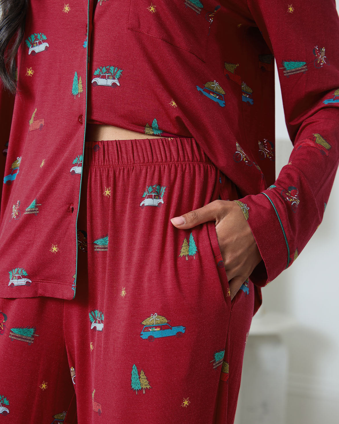TENCEL™ Modal Christmas Tree Car Print Long Button Up Pyjama Set