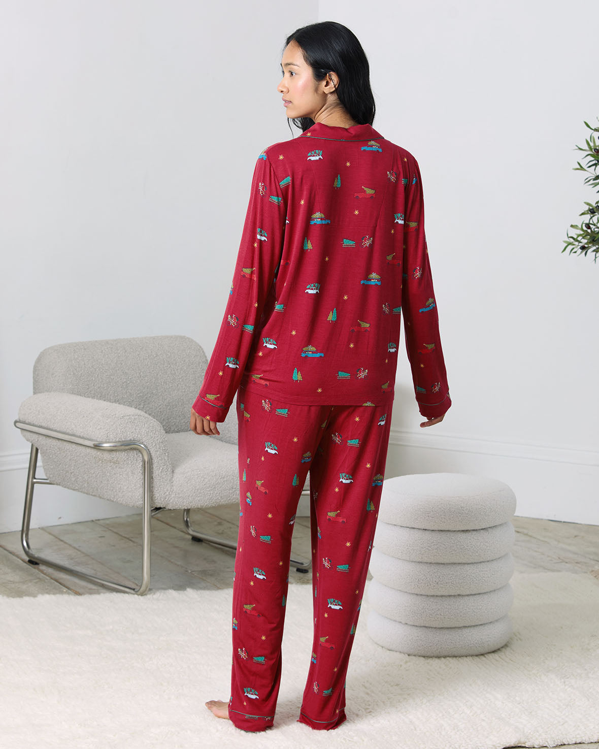 TENCEL™ Modal Christmas Tree Car Print Long Button Up Pyjama Set