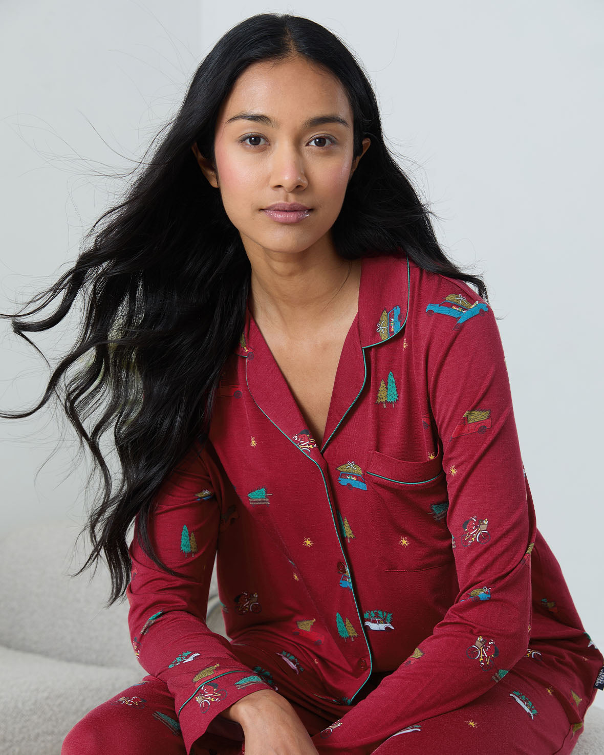 TENCEL™ Modal Christmas Tree Car Print Long Button Up Pyjama Set