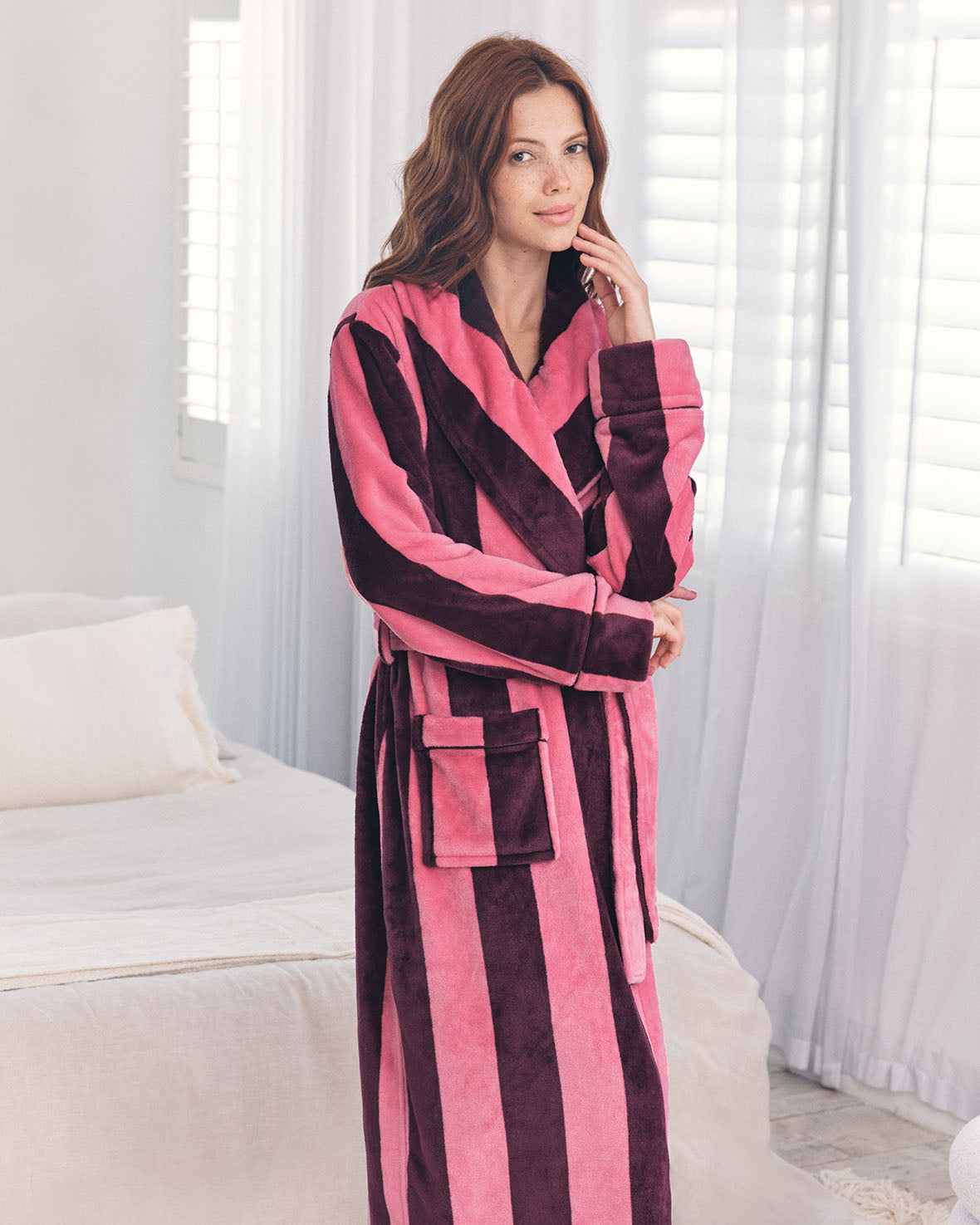 Fleece Stripe Dressing Gown - Pink