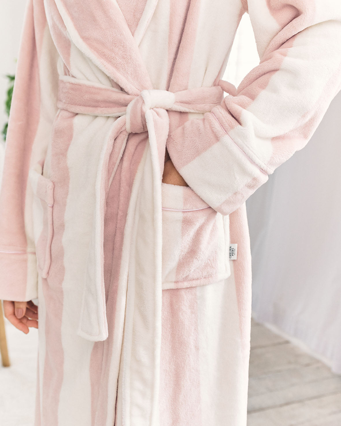 Fleece Stripe Dressing Gown - Dusky Pink
