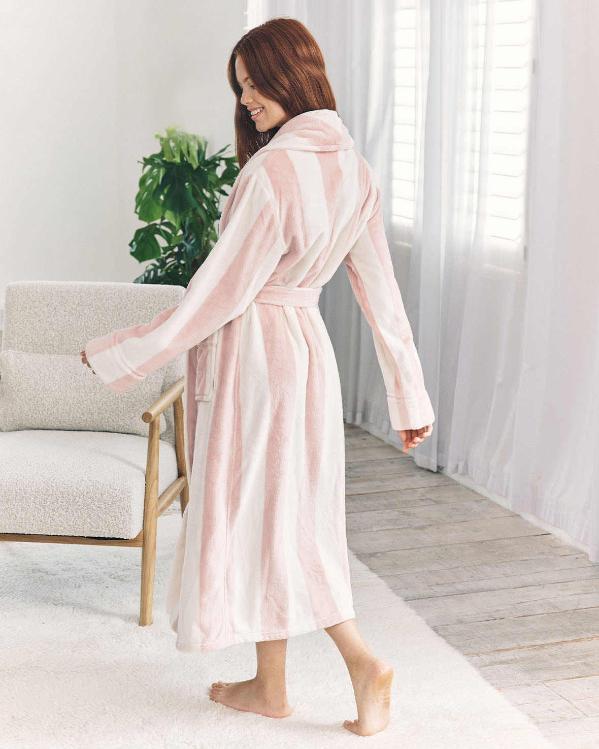 Fleece Stripe Dressing Gown - Dusky Pink