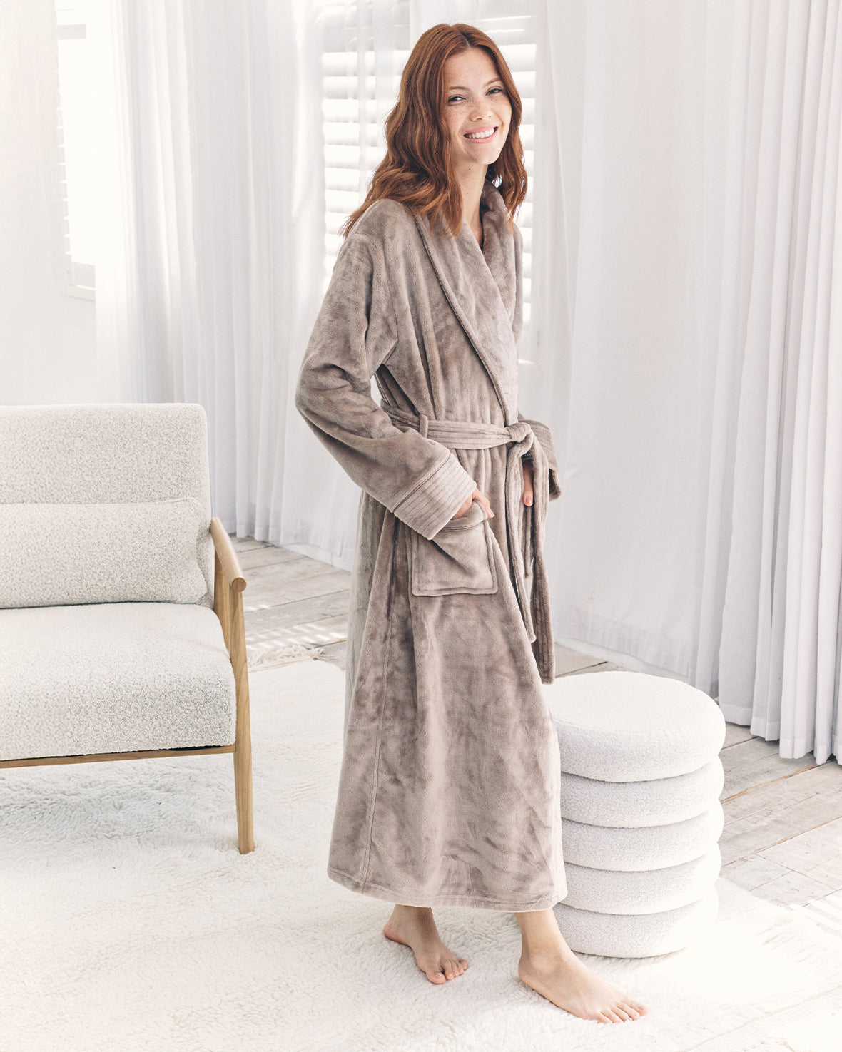 Fleece Long Dressing Gown - Beige