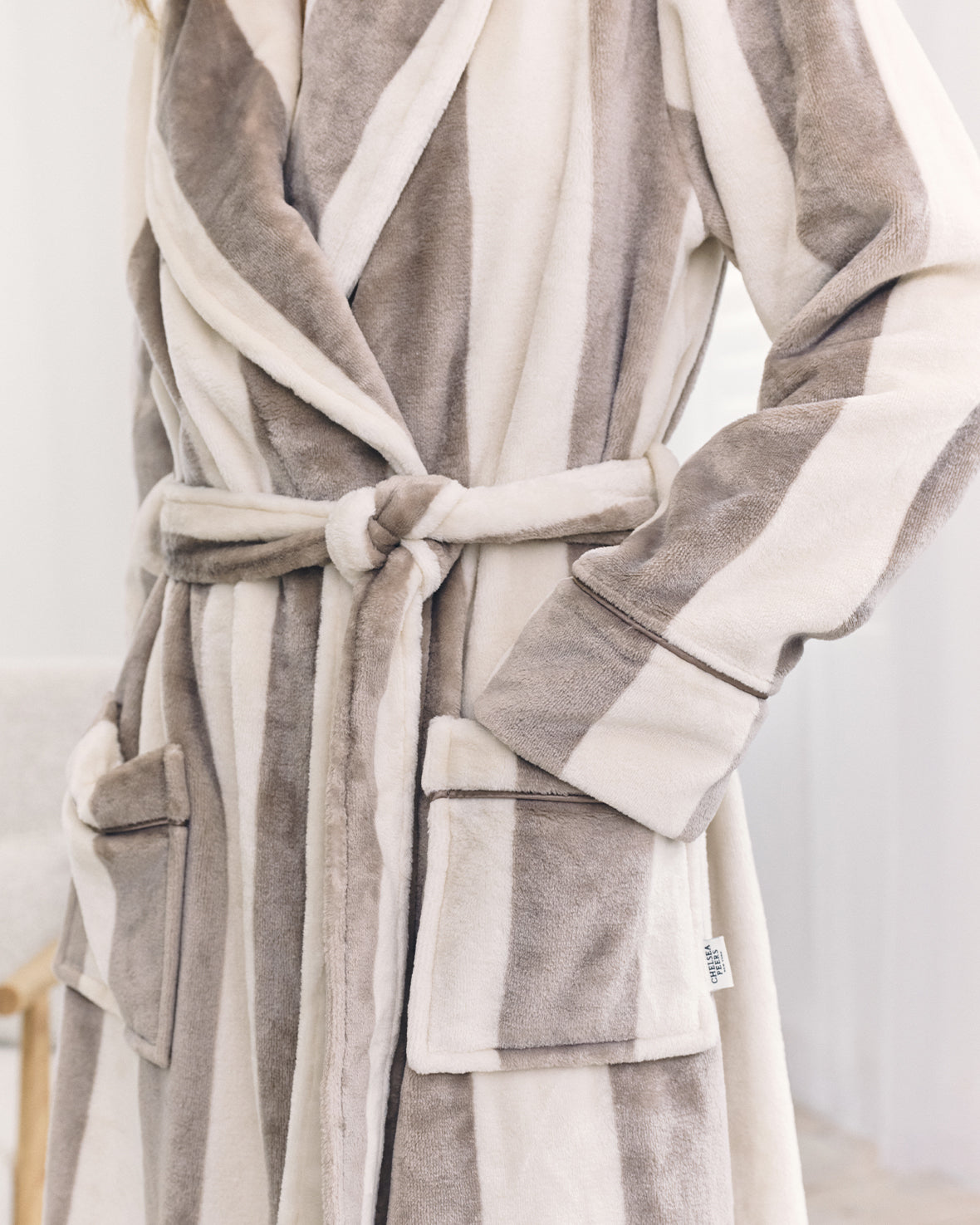 Fleece Stripe Dressing Gown - Taupe