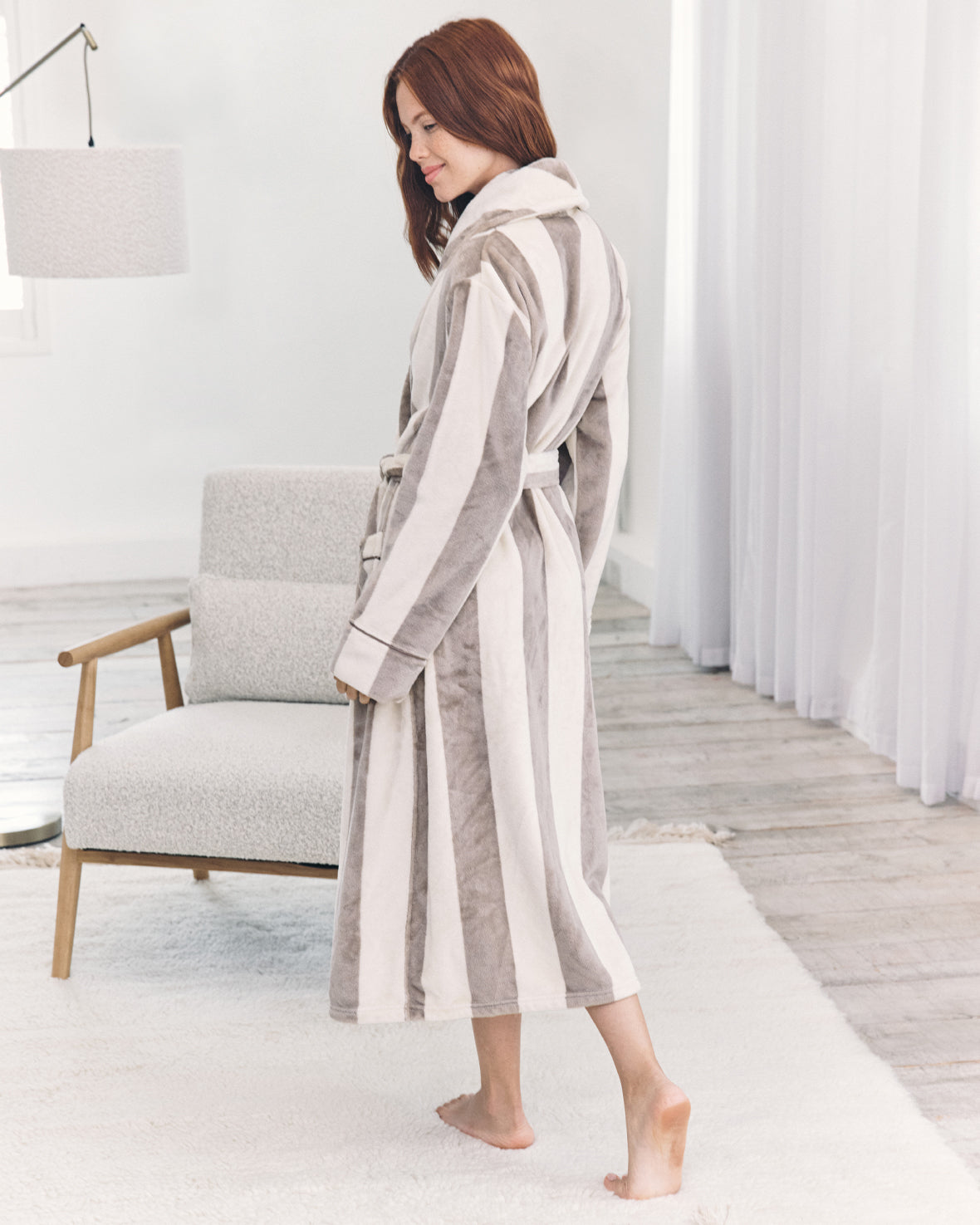 Fleece Stripe Dressing Gown - Taupe