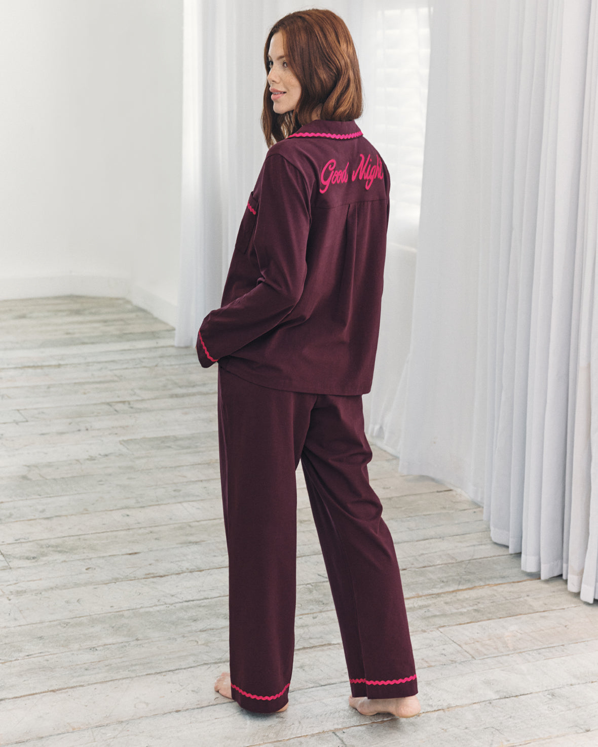 Organic Cotton Embroidered Back Good Night Long Pyjama Set