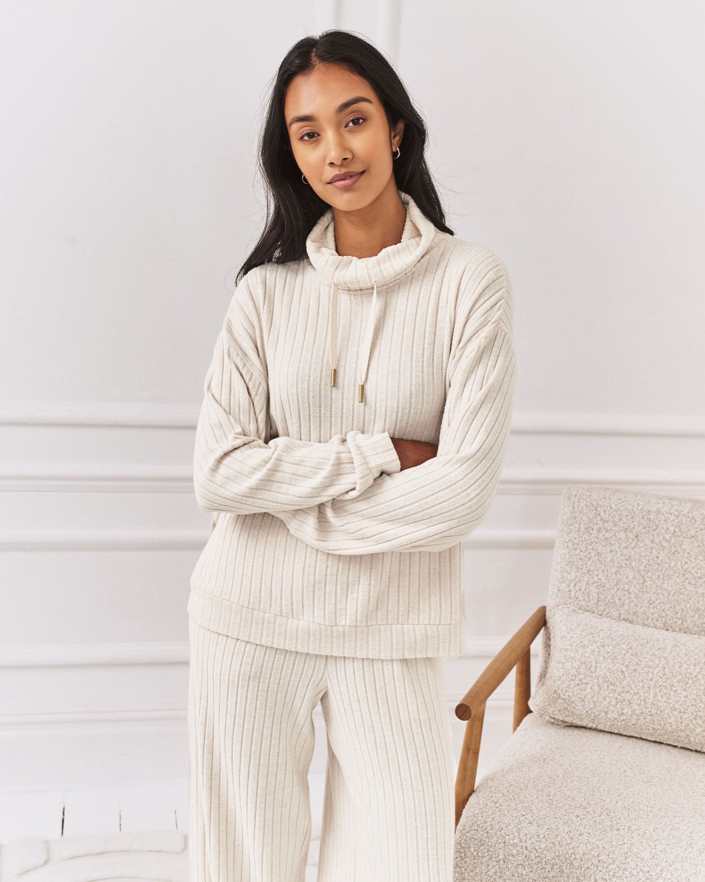 Ribbed Knit High Neck Sweatshirt - Cream