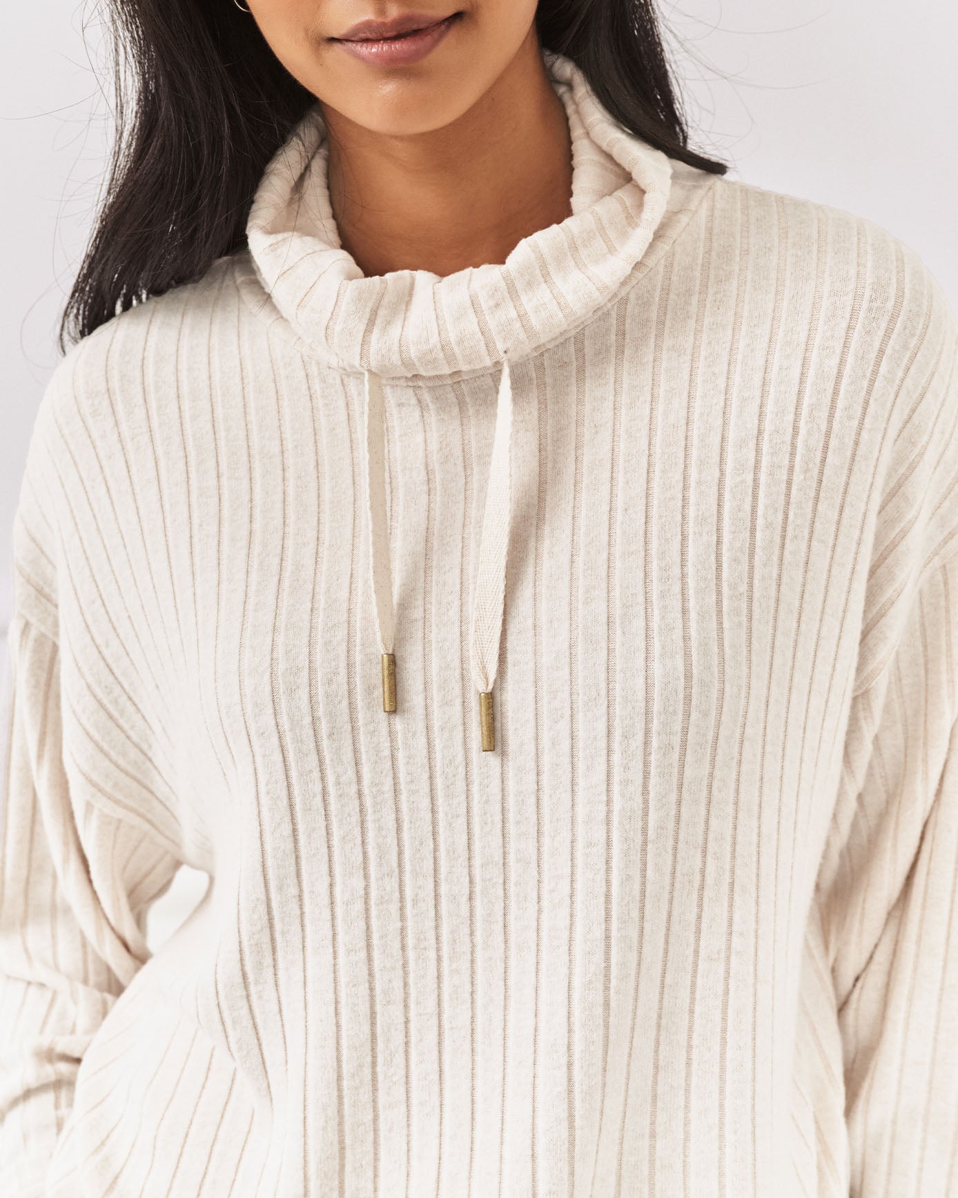 Ribbed Knit High Neck Sweatshirt - Cream