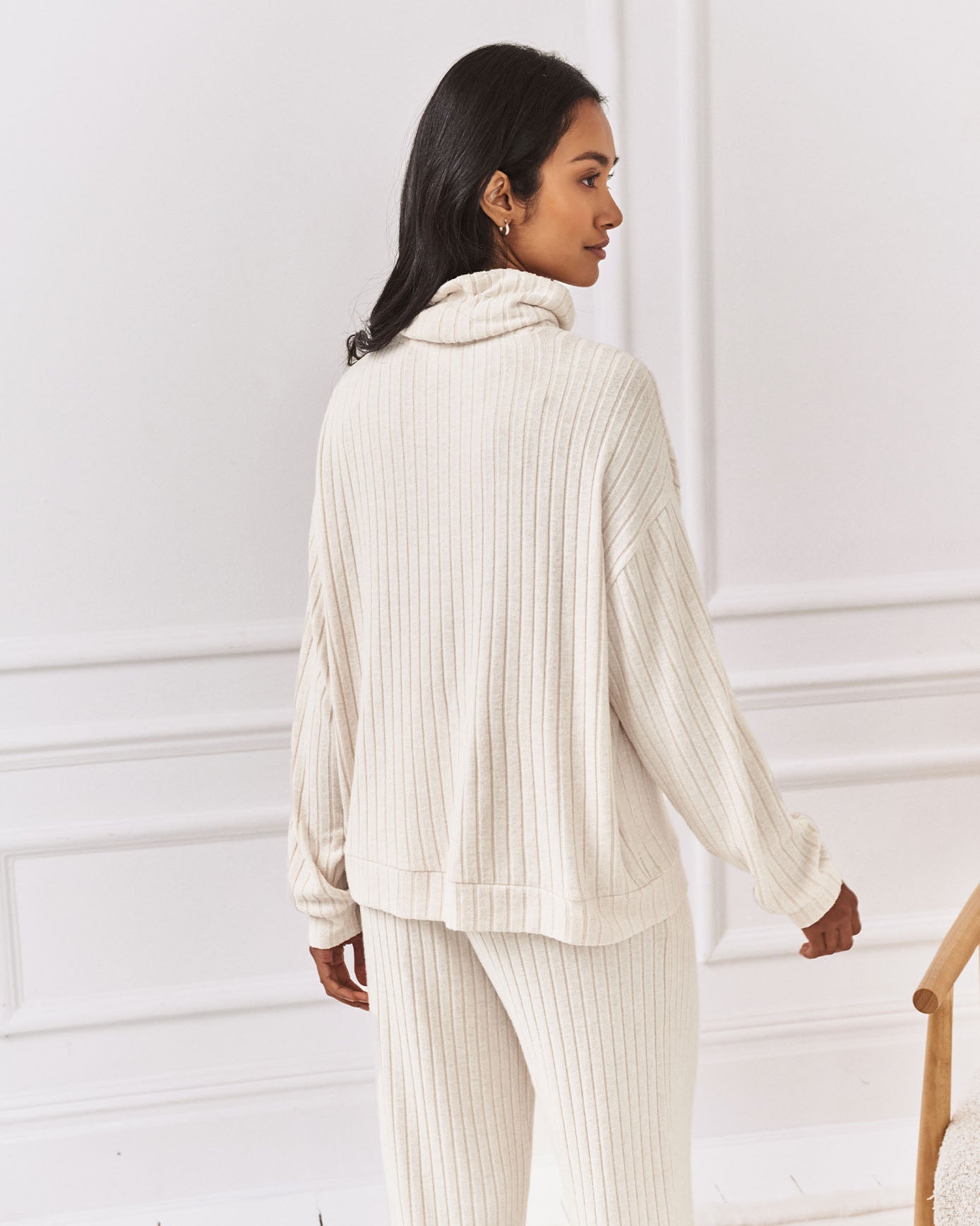 Ribbed Knit High Neck Sweatshirt - Cream