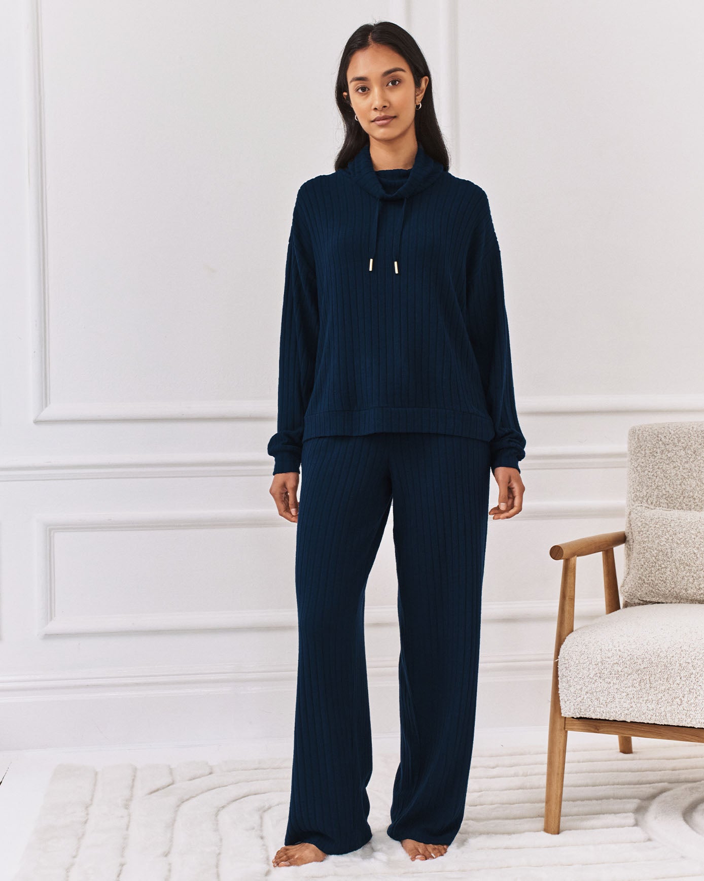 Ribbed Knit High Neck Sweatshirt - Navy