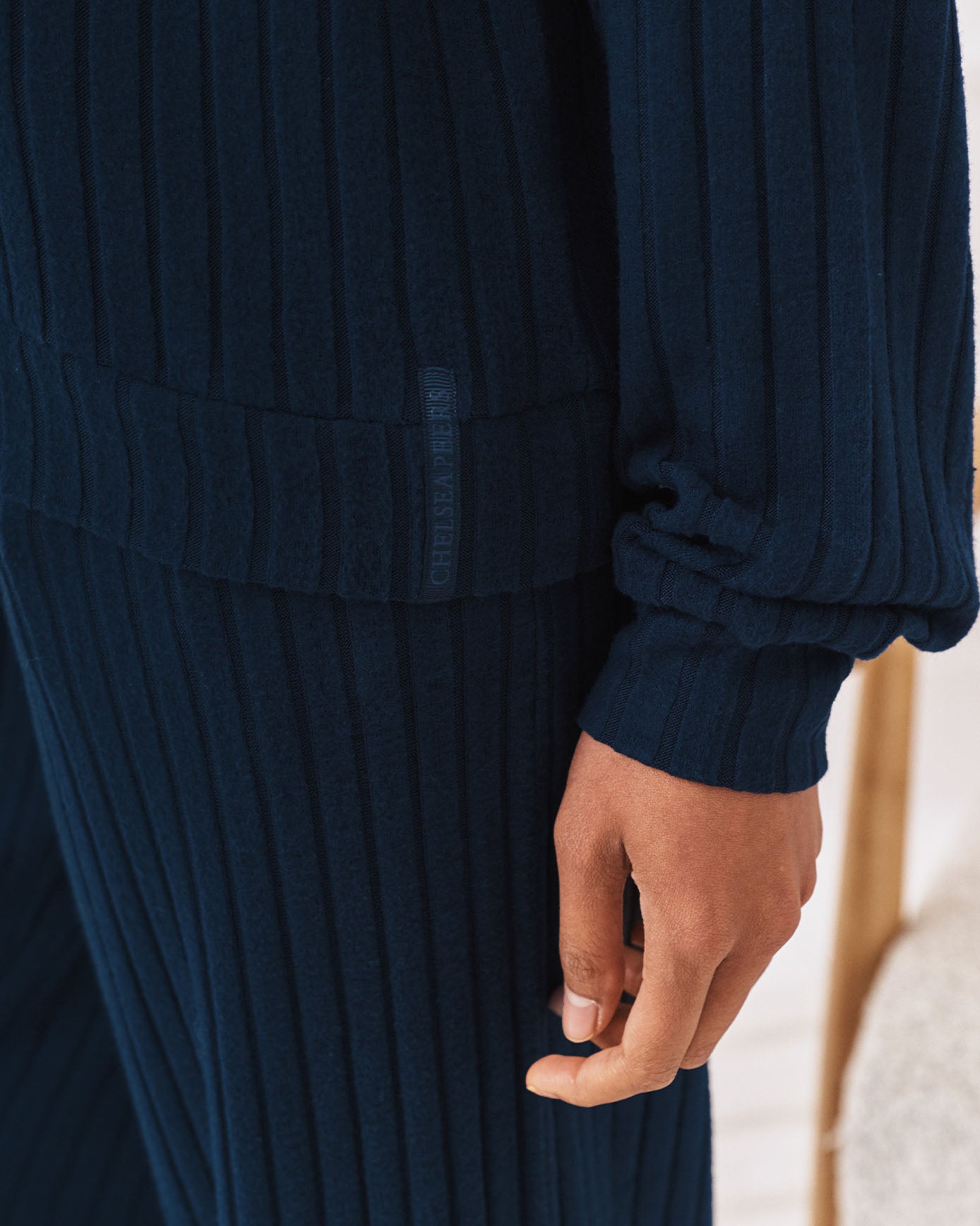 Ribbed Knit High Neck Sweatshirt - Navy