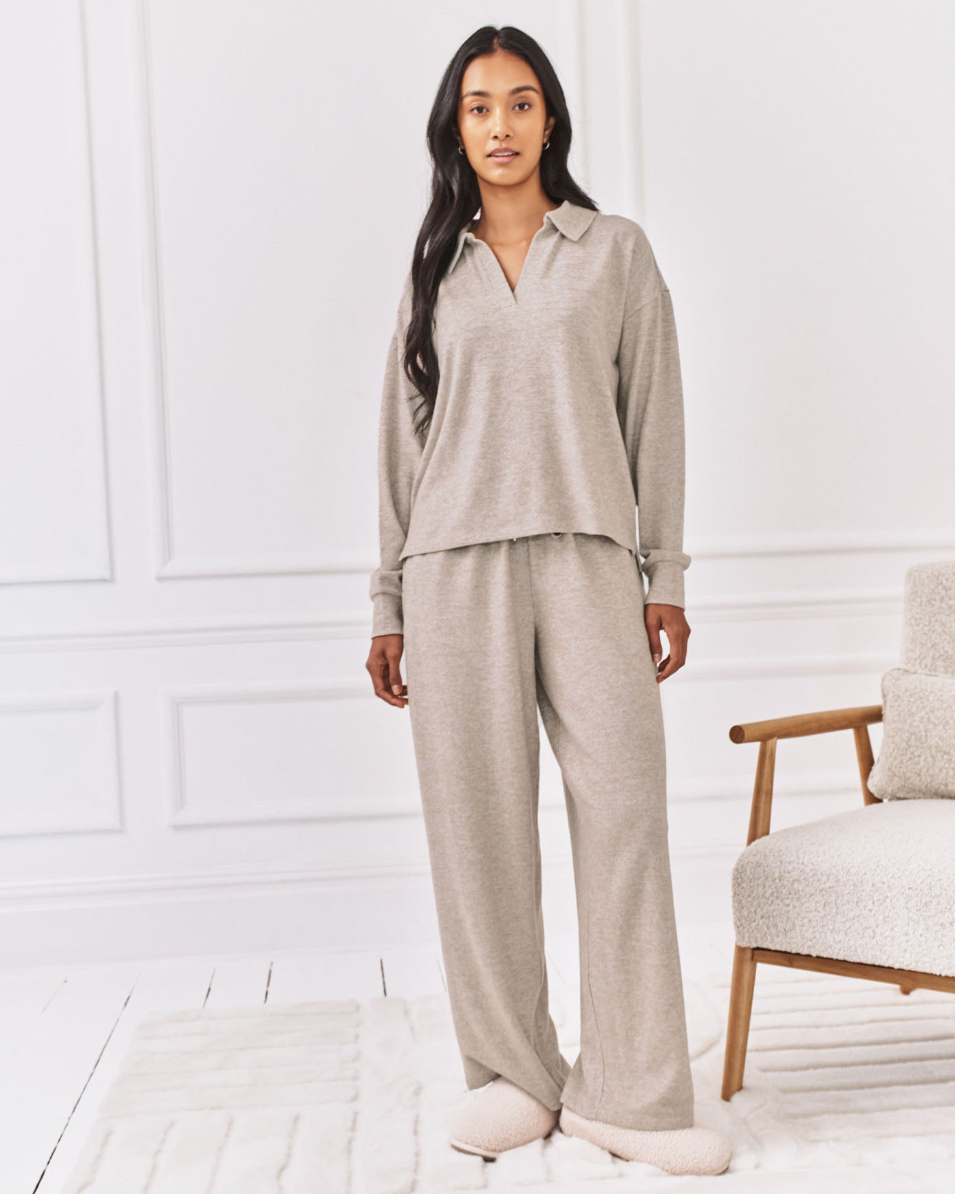 Slub-Knit Marl V-Neck Sweatshirt - Beige