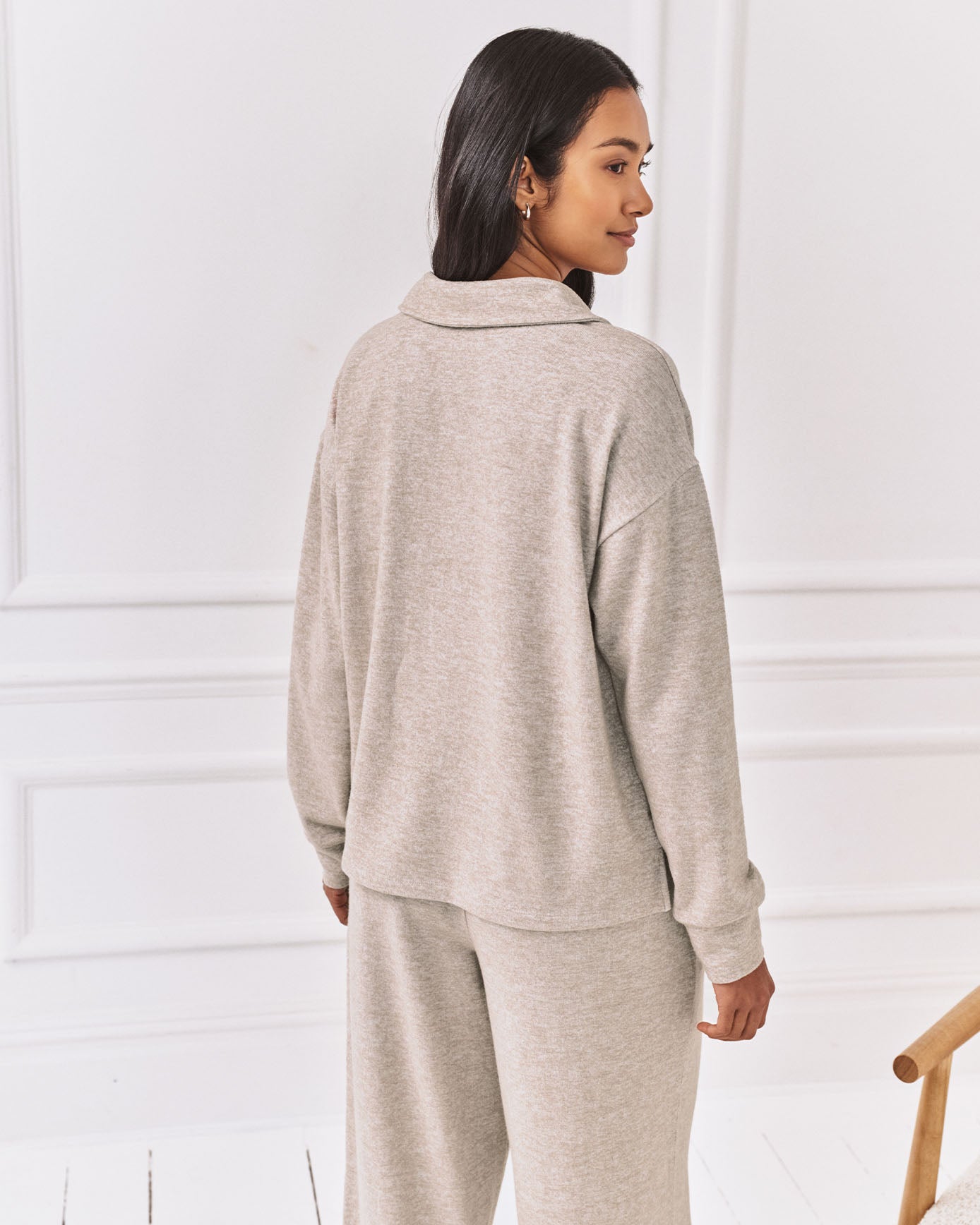 Slub-Knit Marl V-Neck Sweatshirt - Beige