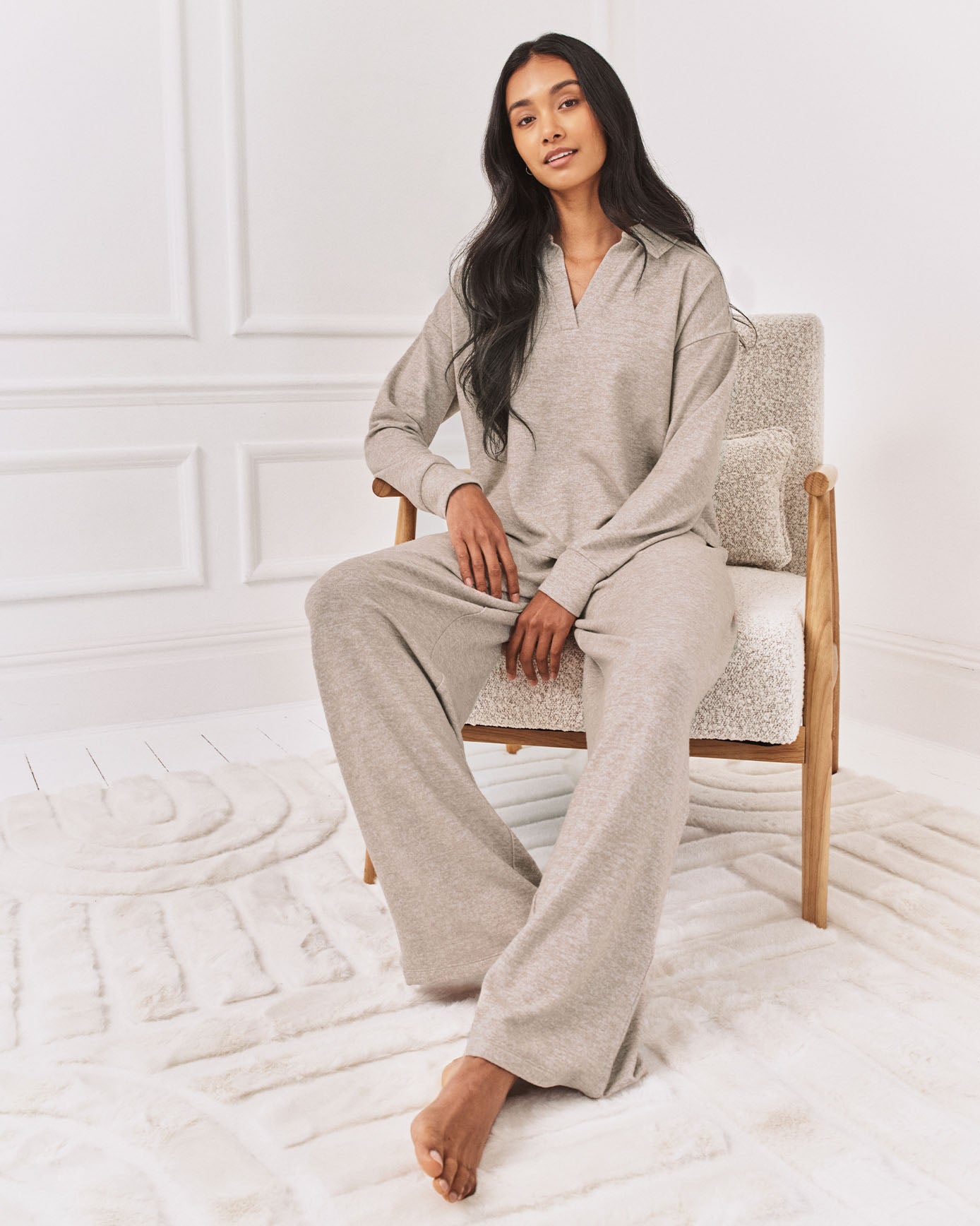 Slub-Knit Marl V-Neck Sweatshirt - Beige