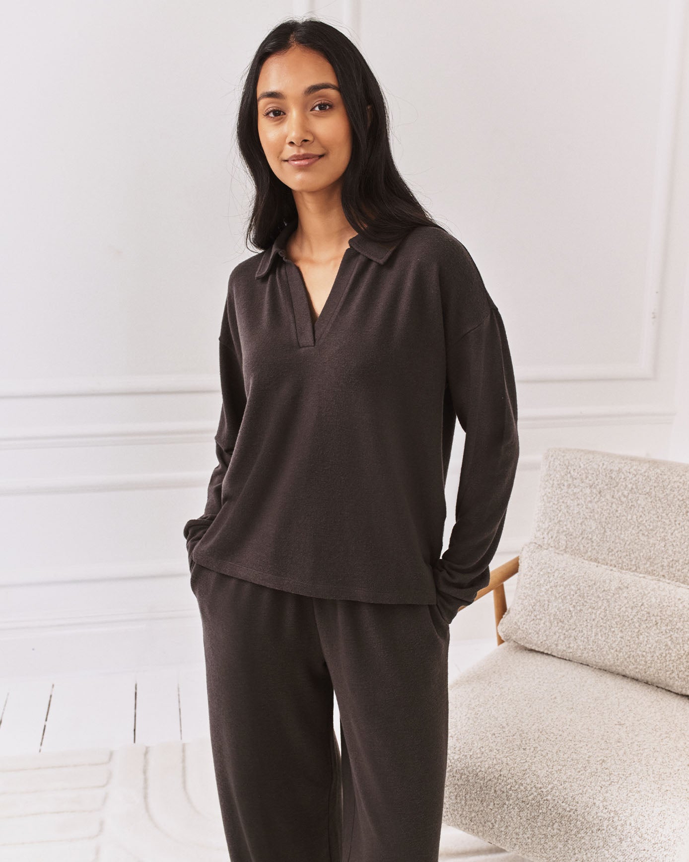 Slub-Knit Marl V-Neck Sweatshirt - Brown