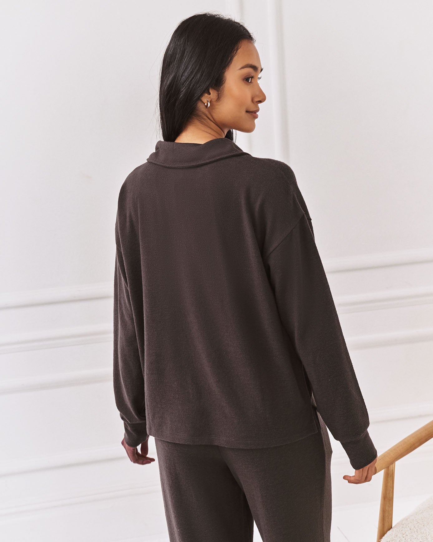 Slub-Knit Marl V-Neck Sweatshirt - Brown