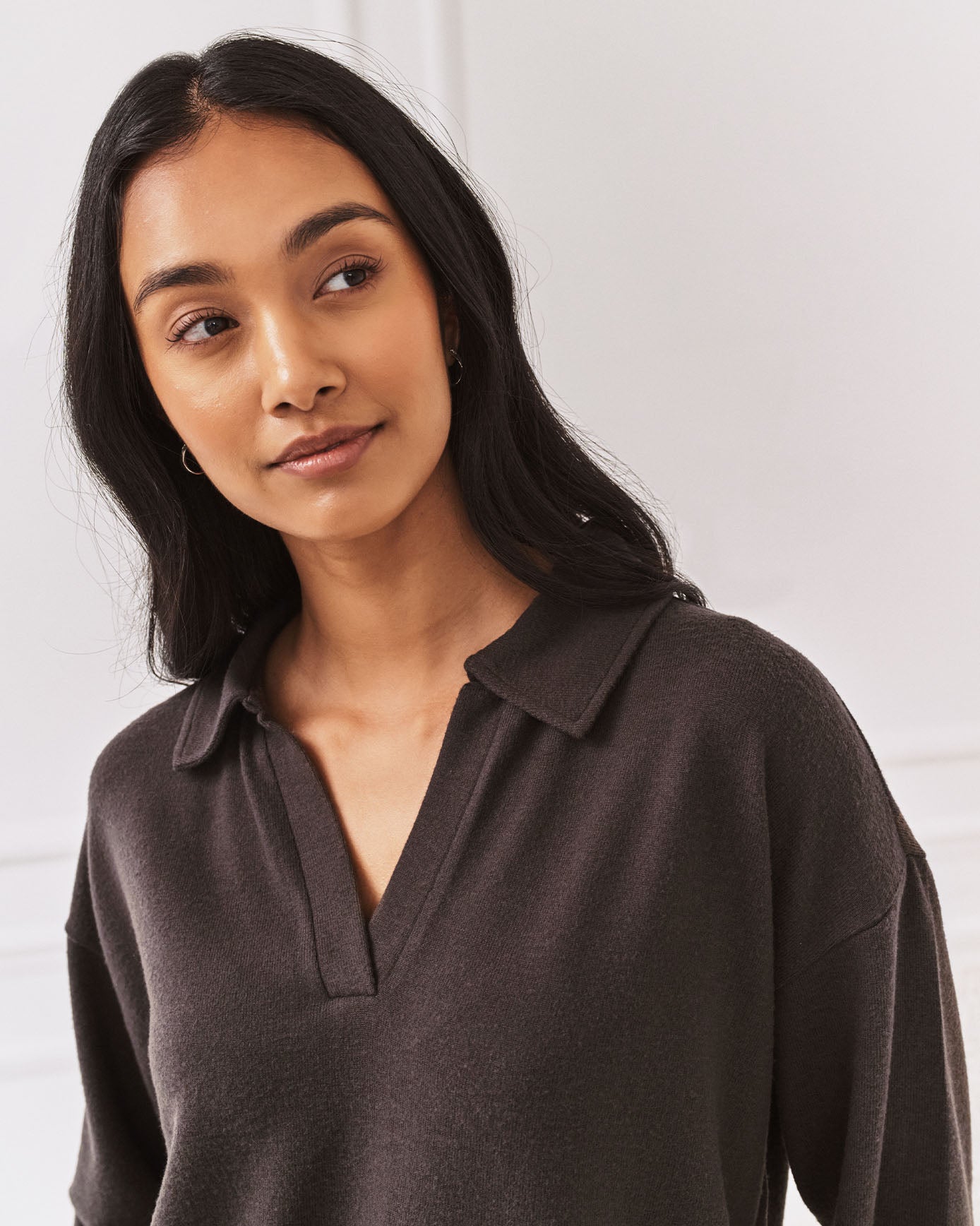 Slub-Knit Marl V-Neck Sweatshirt - Brown