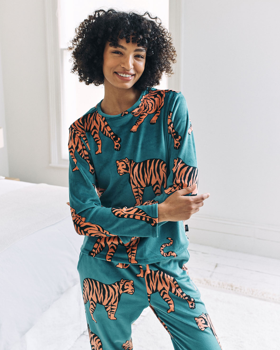 Velour Tiger Print Lounge Crew & Jogger Set