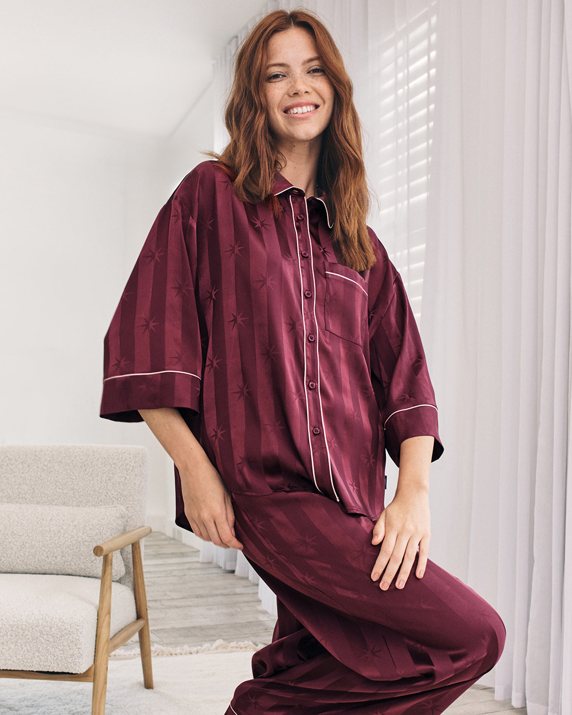 Satin Star Stripes Jacquard Long Pyjama Set
