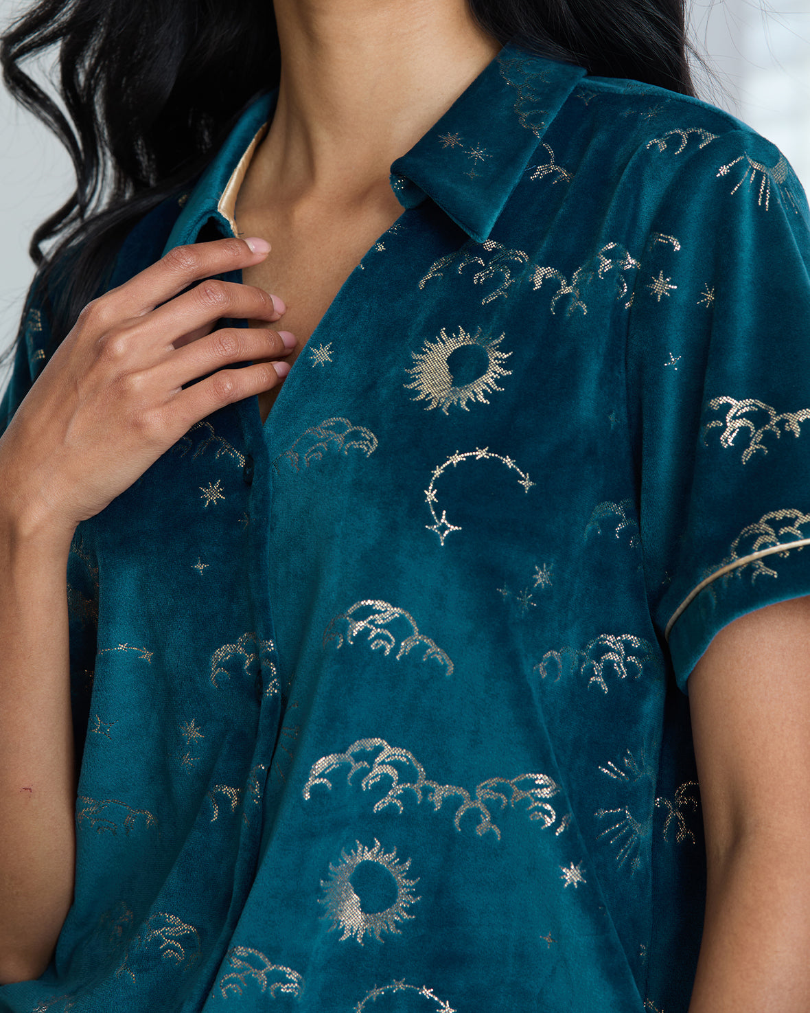 Velour Gold Foil Lunar Skies Short Pyjama Set